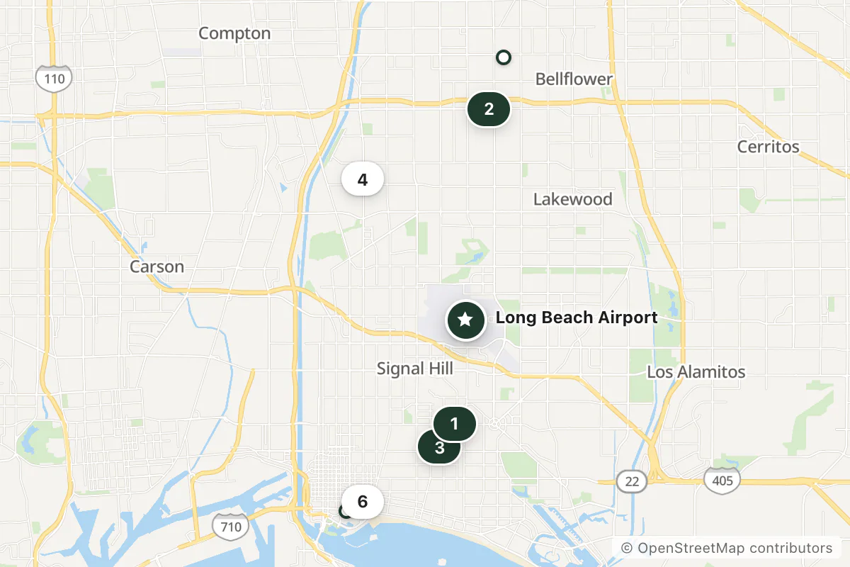 Map of the top 11 hotels for this question around Long Beach Airport