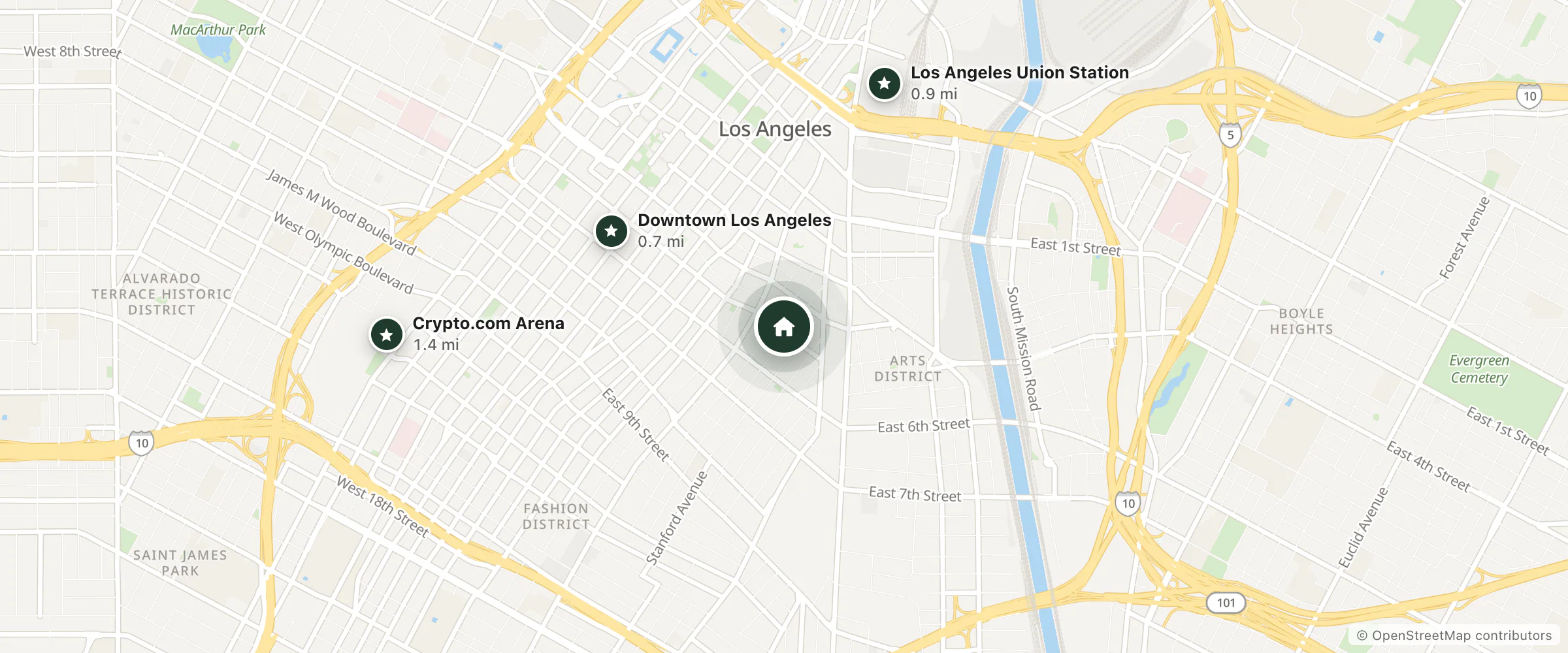 Map of St Marks Hotel and nearby Downtown Los Angeles, Los Angeles Union Station and Crypto.com Arena