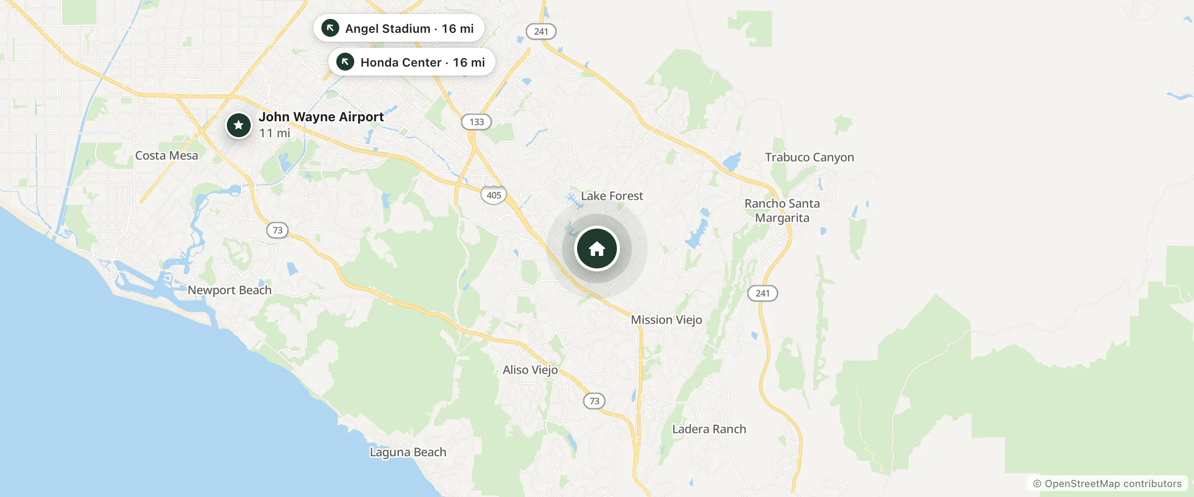 Map of Franklin Hostel and nearby John Wayne Airport, Angel Stadium and Honda Center