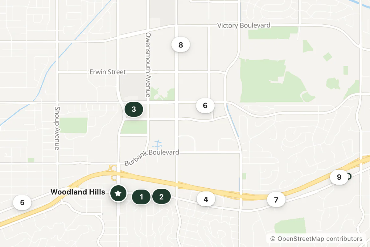 Map of the top 10 hotels for this question around Woodland Hills