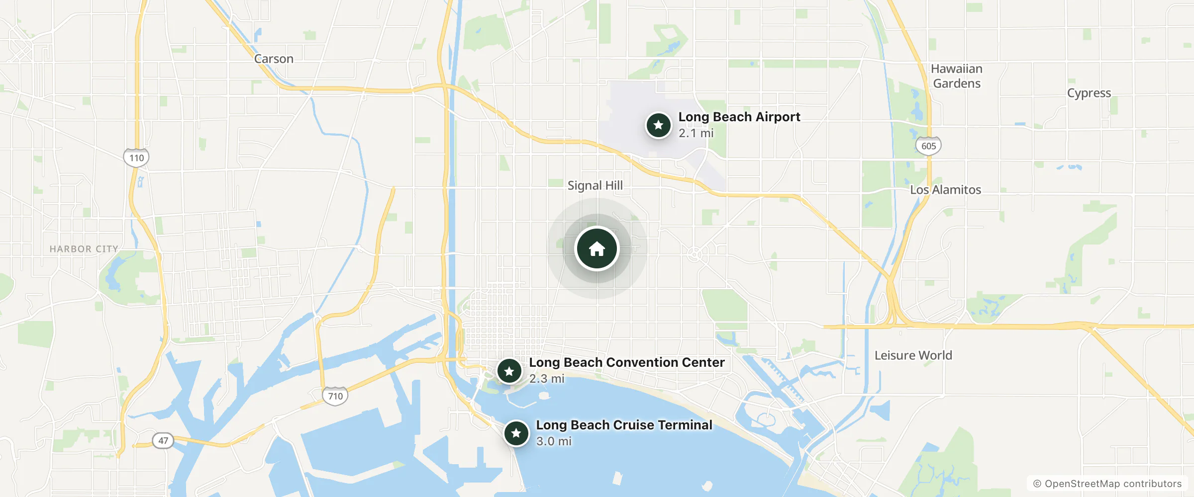Map of Liberty Hotel and nearby Long Beach Airport, Long Beach Convention Center and Long Beach Cruise Terminal