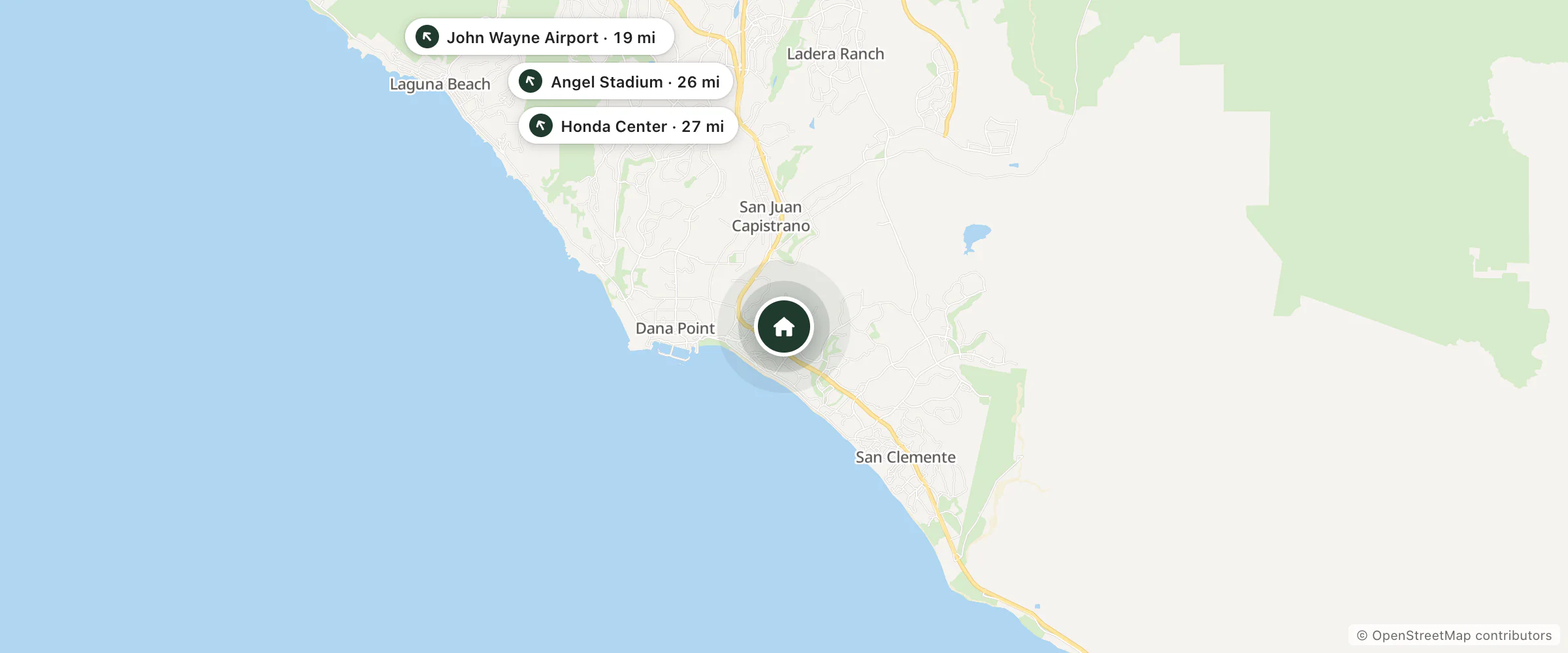 Map of Casa Tropicana Hotel and nearby John Wayne Airport, Angel Stadium and Honda Center