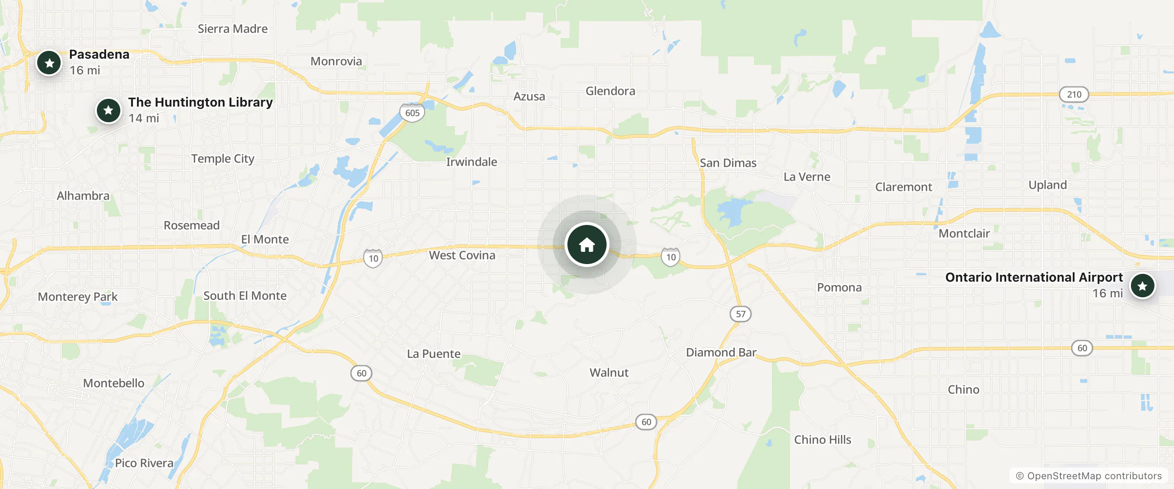Map of Hampton Inn and nearby The Huntington Library, Ontario International Airport and Pasadena