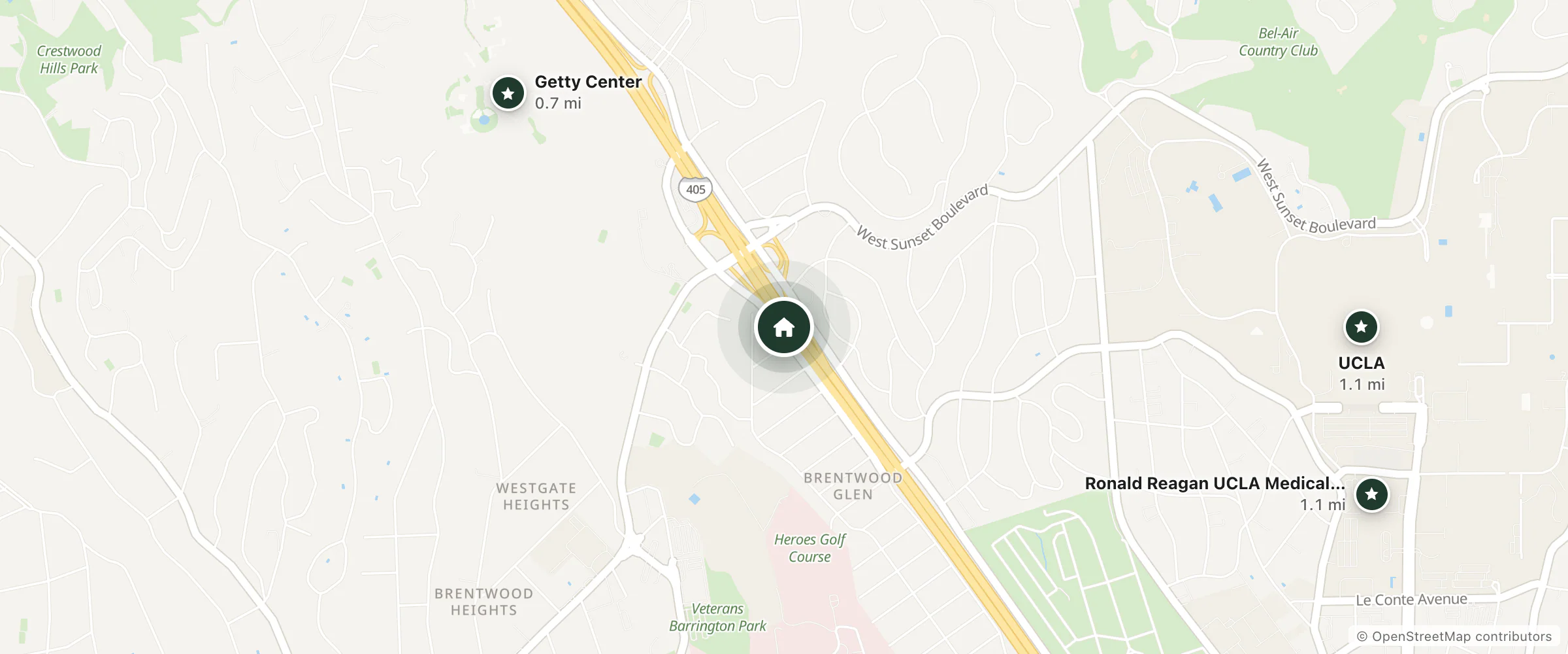 Map of Hotel Angelino and nearby Getty Center, UCLA and Ronald Reagan UCLA Medical Center