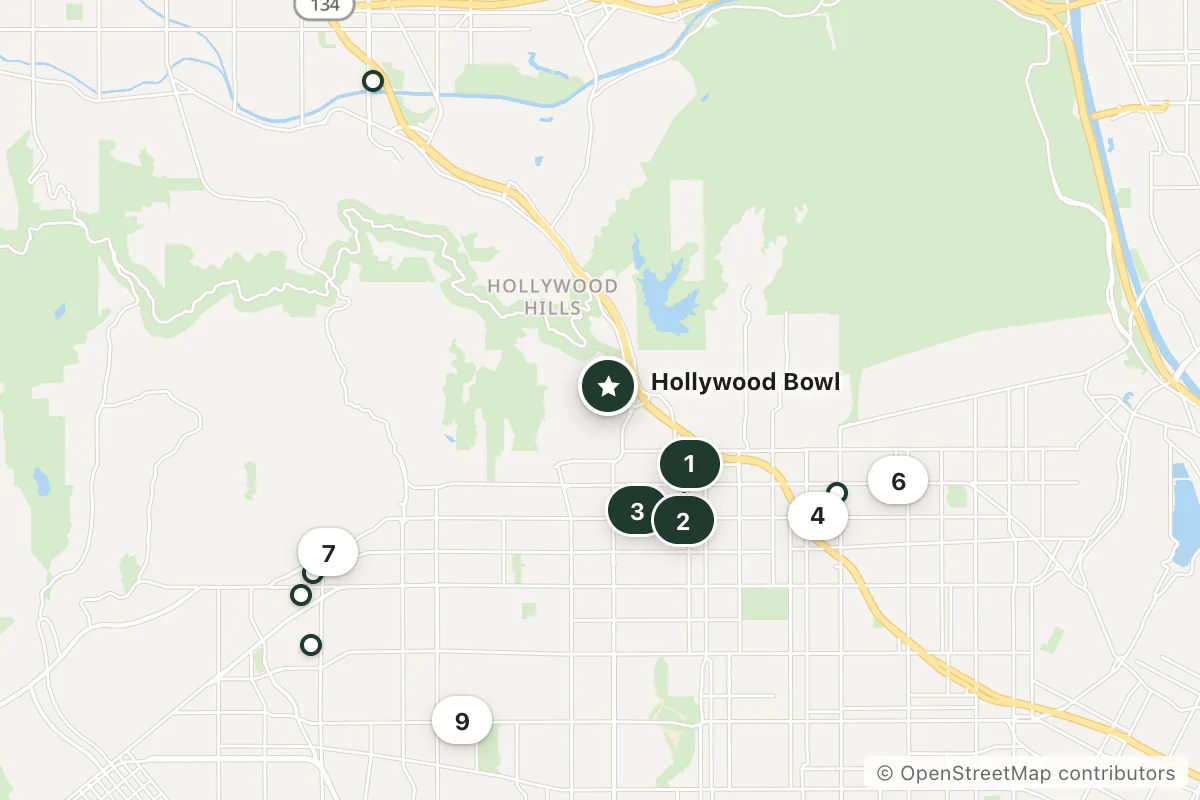 Map of the top 12 hotels for this question around Hollywood Bowl