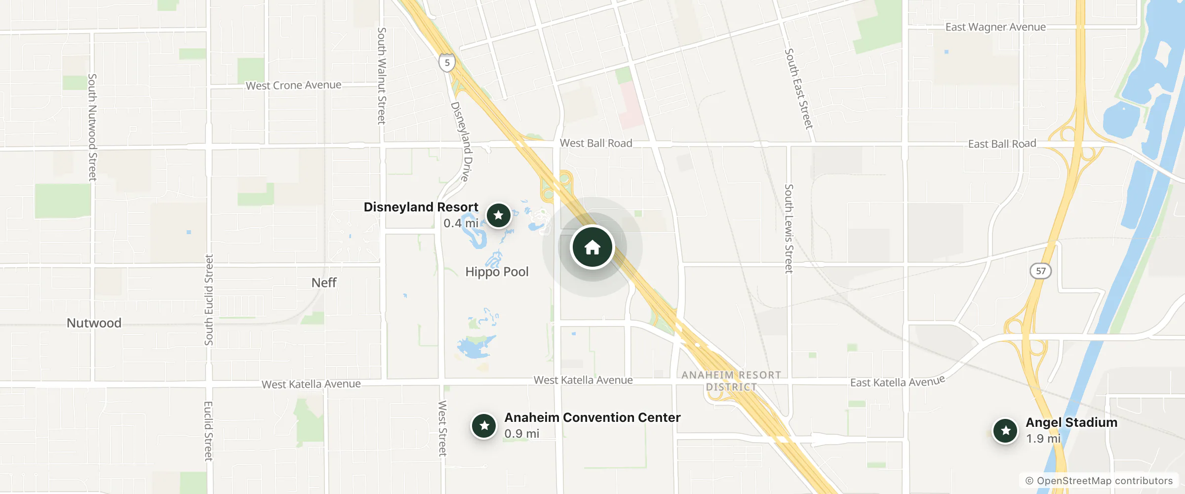 Map of Home2 Suites by Hilton Anaheim Resort and nearby Disneyland Resort, Anaheim Convention Center and Angel Stadium