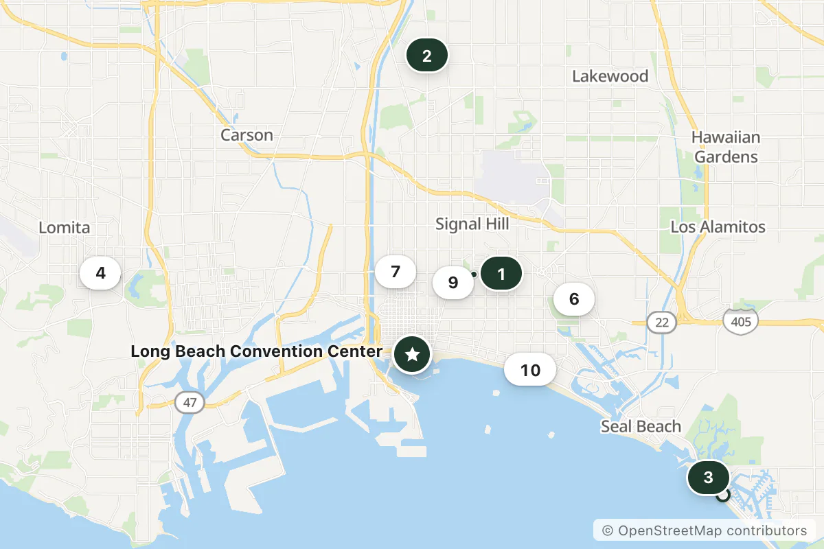 Map of the top 11 hotels for this question around Long Beach Convention Center