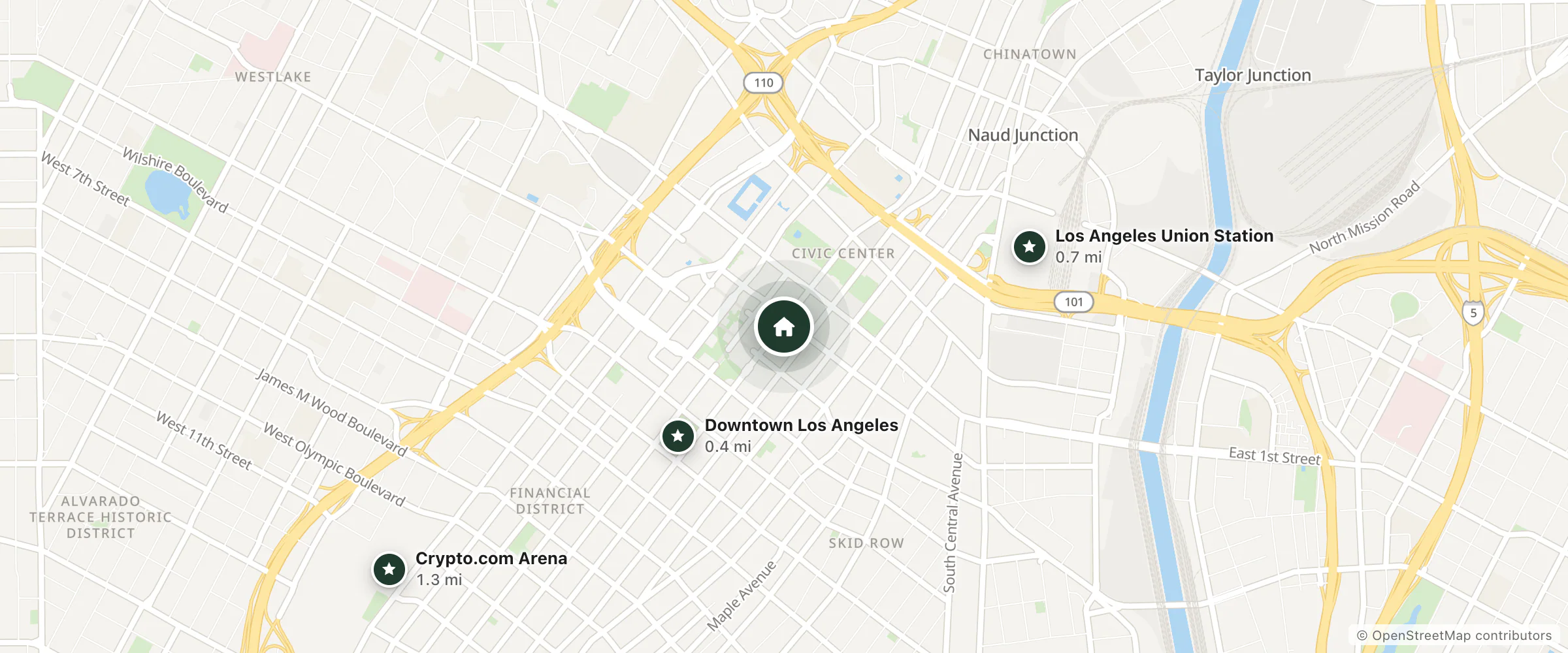 Map of Kawada Hotel and nearby Downtown Los Angeles, Los Angeles Union Station and Crypto.com Arena
