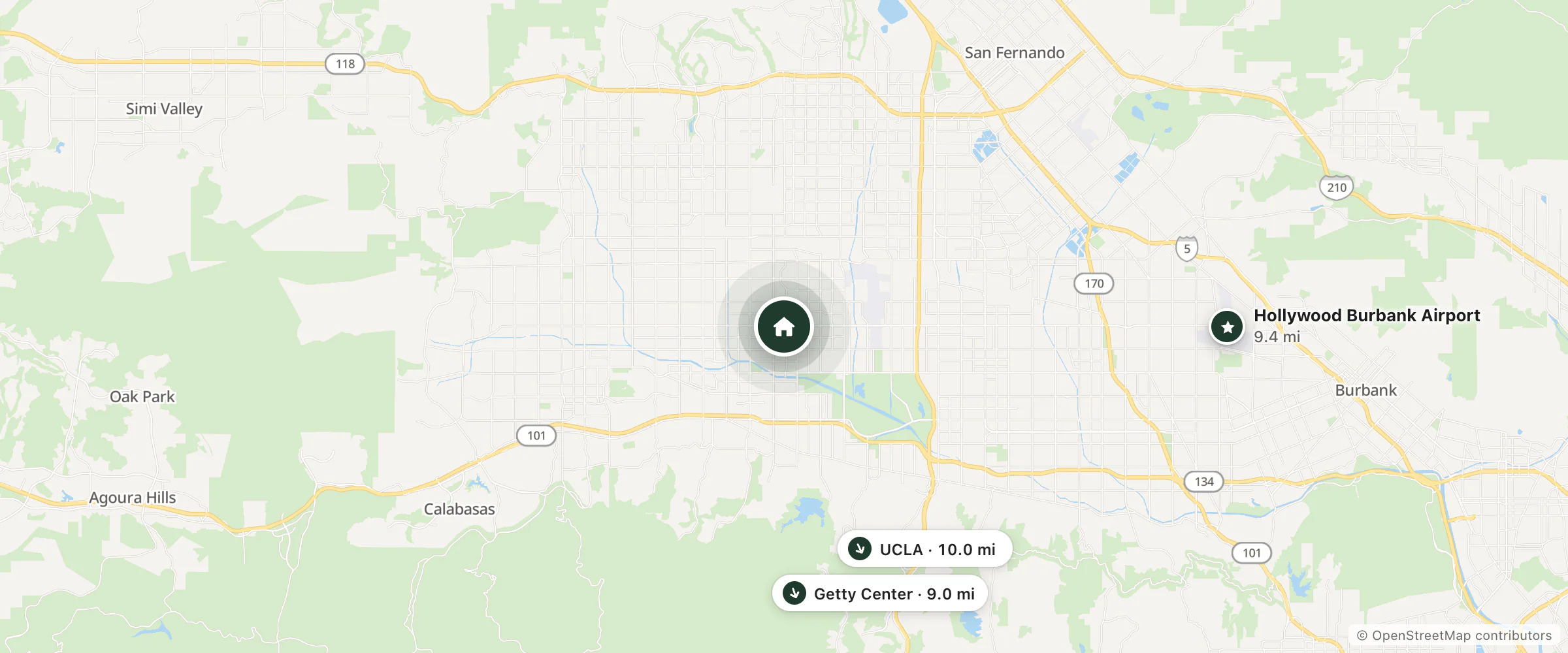 Map of Sherman Way Biltmore and nearby Getty Center, Hollywood Burbank Airport and UCLA