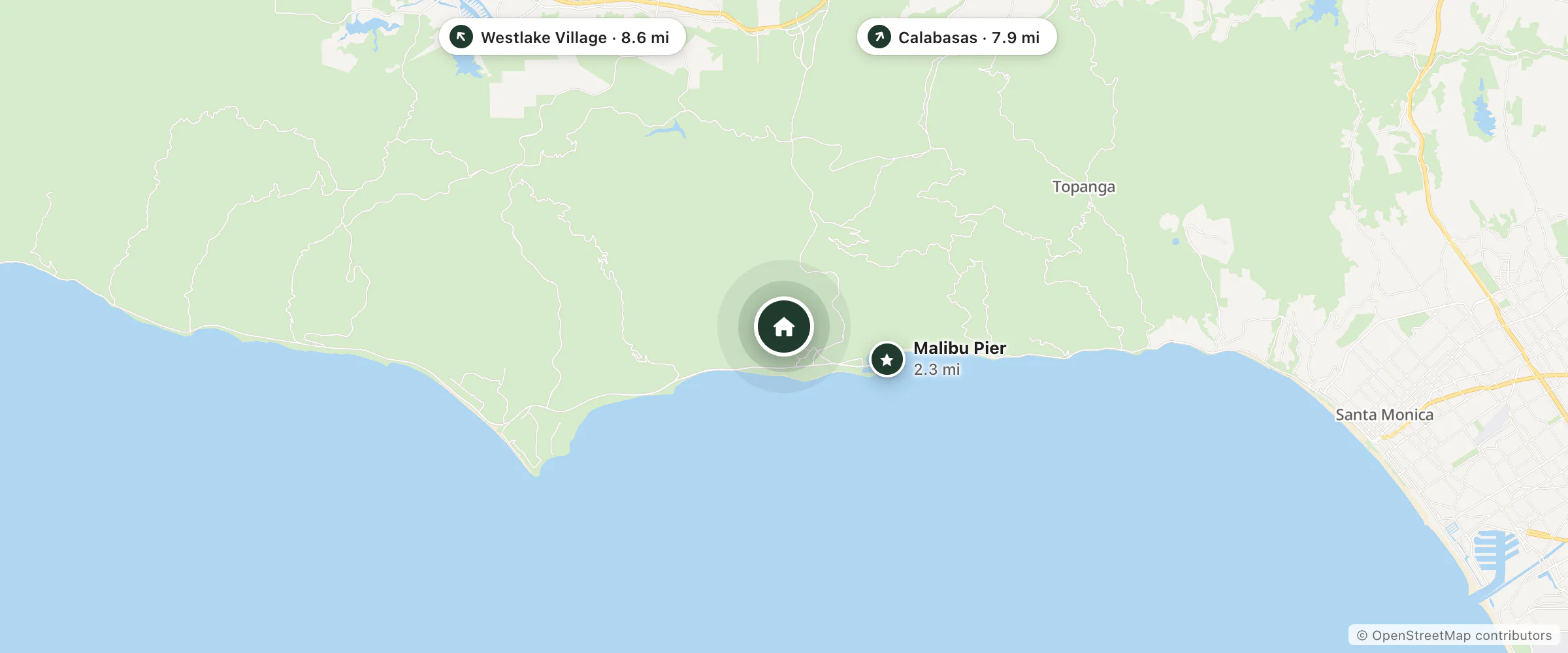 Map of Graziadio Executive Center and nearby Malibu Pier, Calabasas and Westlake Village