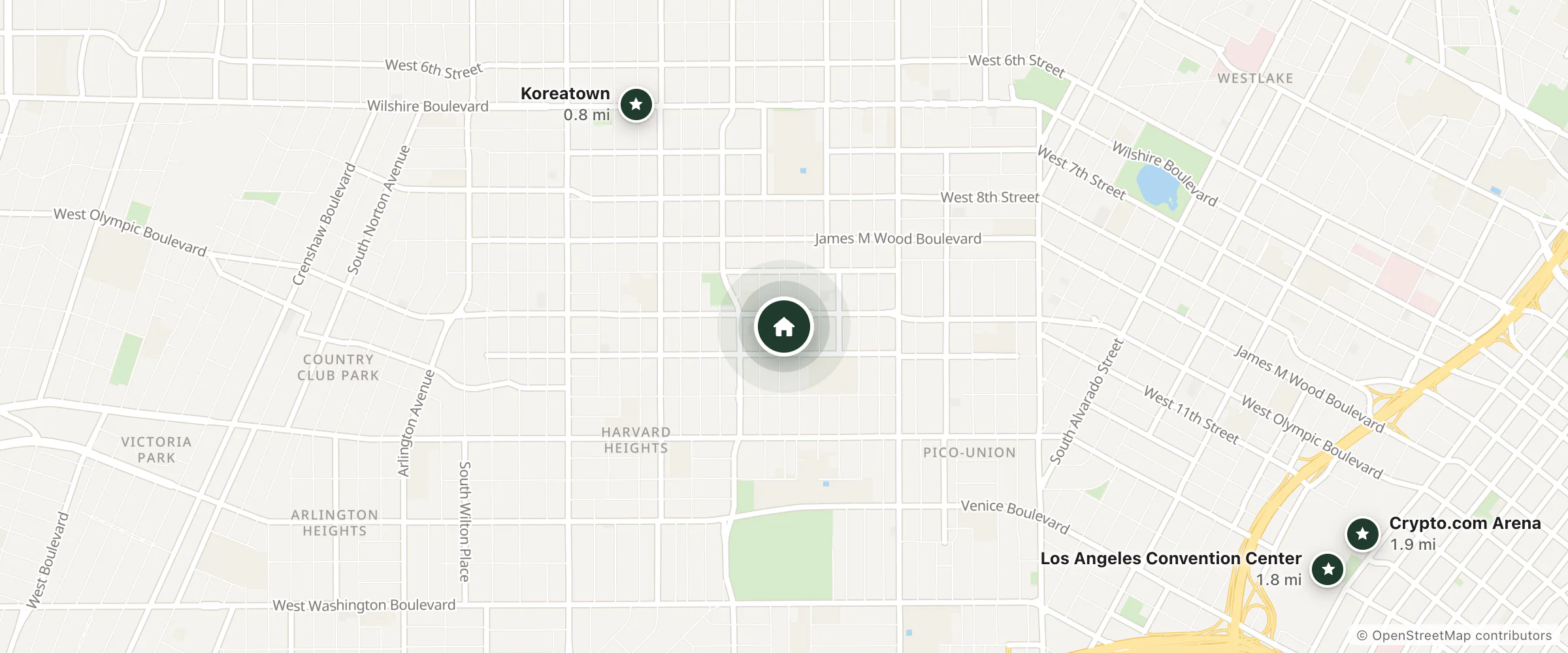 Map of Aventura Hotel and nearby Koreatown, Los Angeles Convention Center and Crypto.com Arena