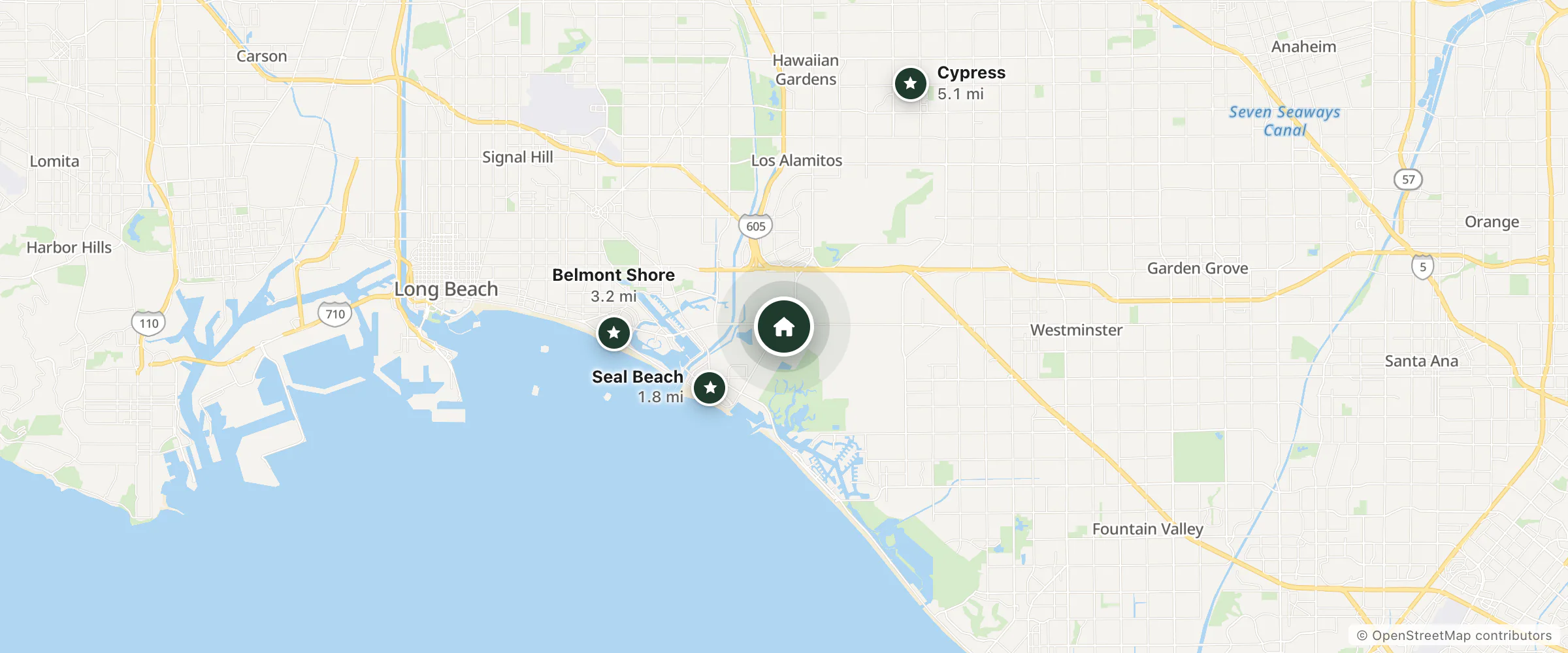 Map of Hampton Inn and Suites Seal Beach and nearby Seal Beach, Belmont Shore and Cypress