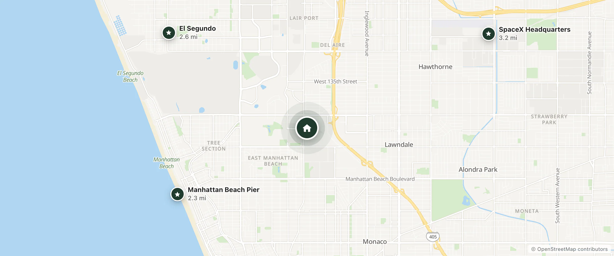 Map of SpringHill Suites and nearby Manhattan Beach Pier, El Segundo and SpaceX Headquarters