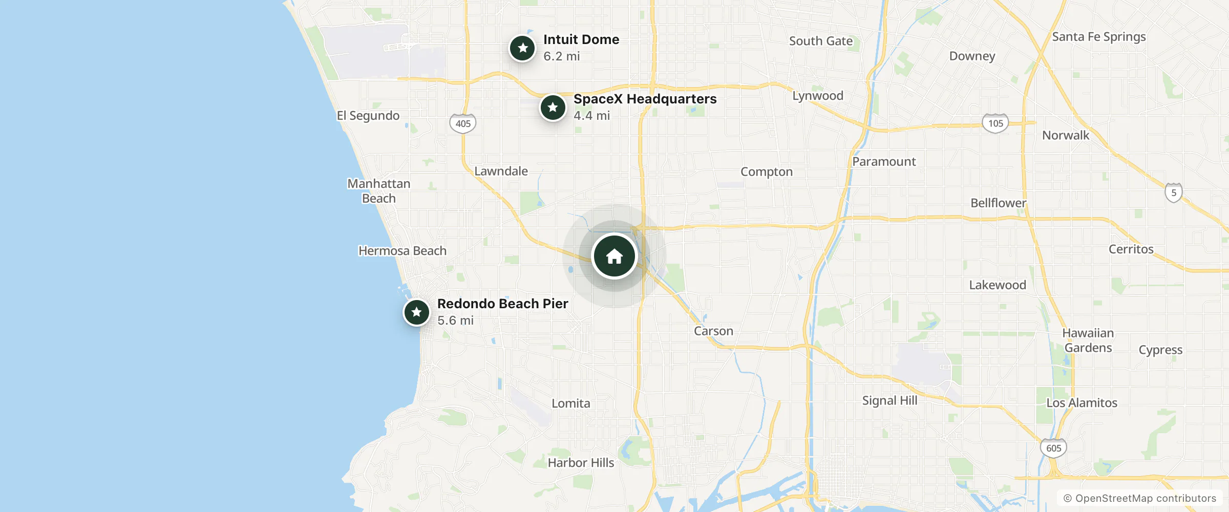 Map of Comfort Inn & Suites Near the Home Depot Center and nearby SpaceX Headquarters, Redondo Beach Pier and Intuit Dome