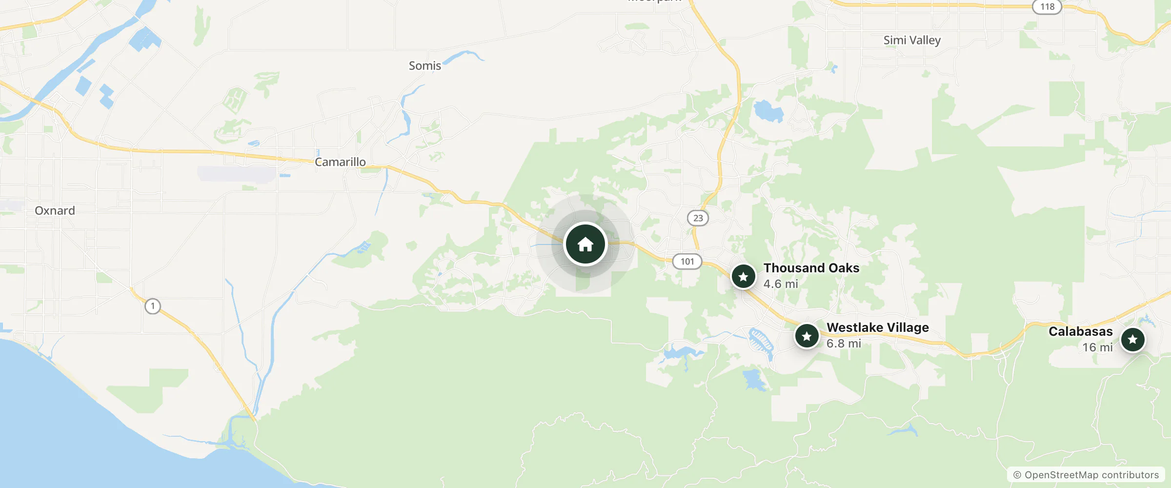 Map of TownePlace Suites and nearby Thousand Oaks, Westlake Village and Calabasas