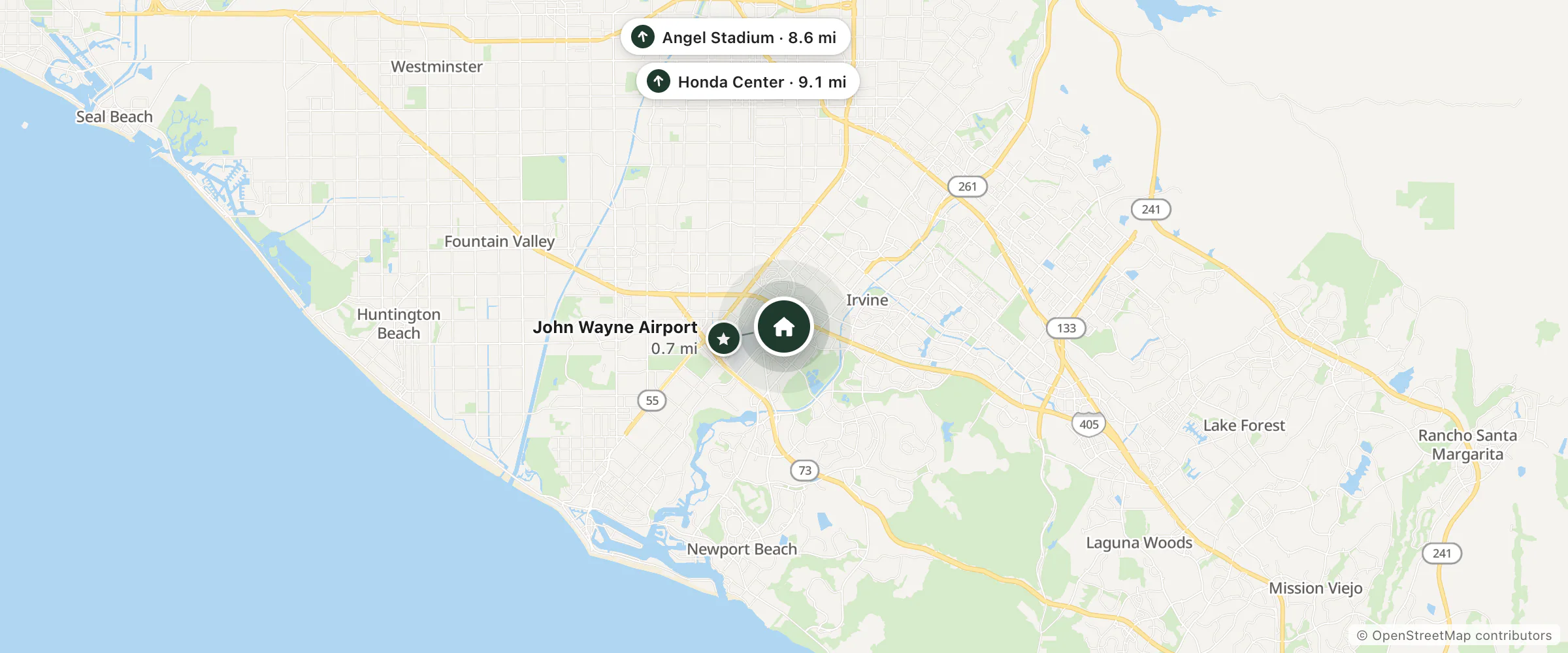 Map of Hotels Mag and nearby John Wayne Airport, Angel Stadium and Honda Center
