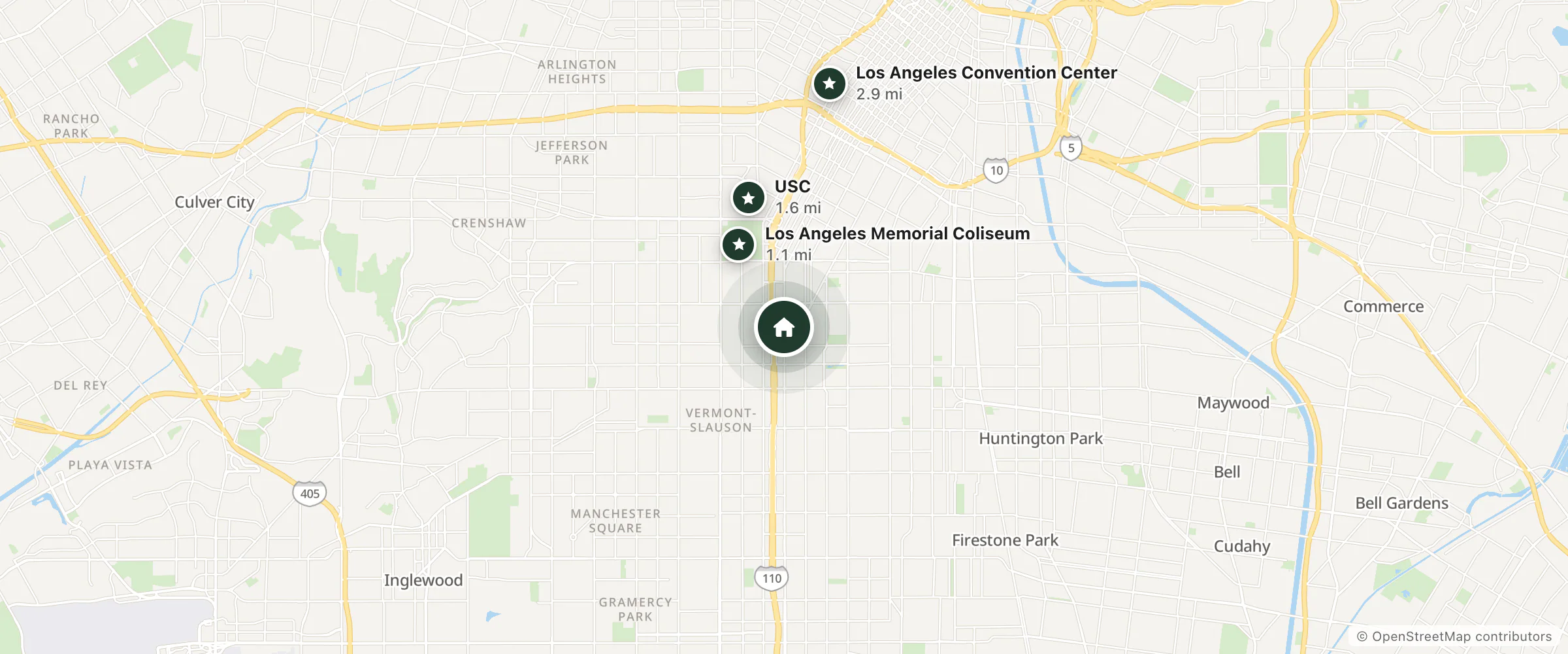 Map of Crown Inn MOTEL and nearby Los Angeles Memorial Coliseum, USC and Los Angeles Convention Center