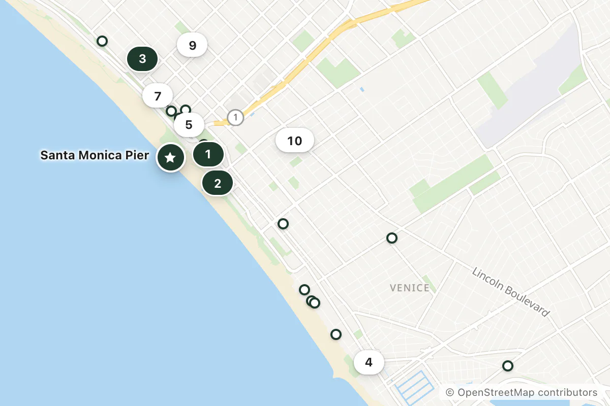 Map of the top 25 hotels for this question around Santa Monica Pier