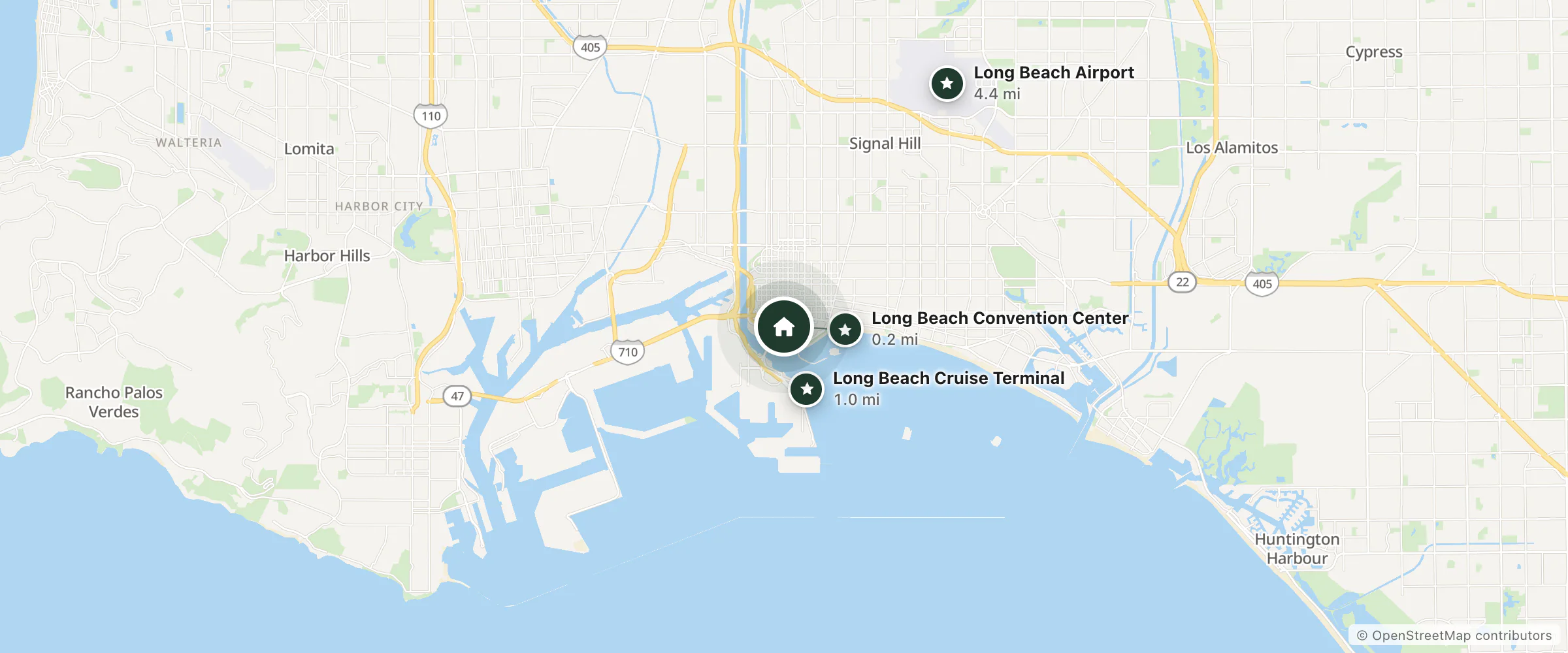Map of Hyatt Centric The Pike Long Beach and nearby Long Beach Convention Center, Long Beach Cruise Terminal and Long Beach Airport