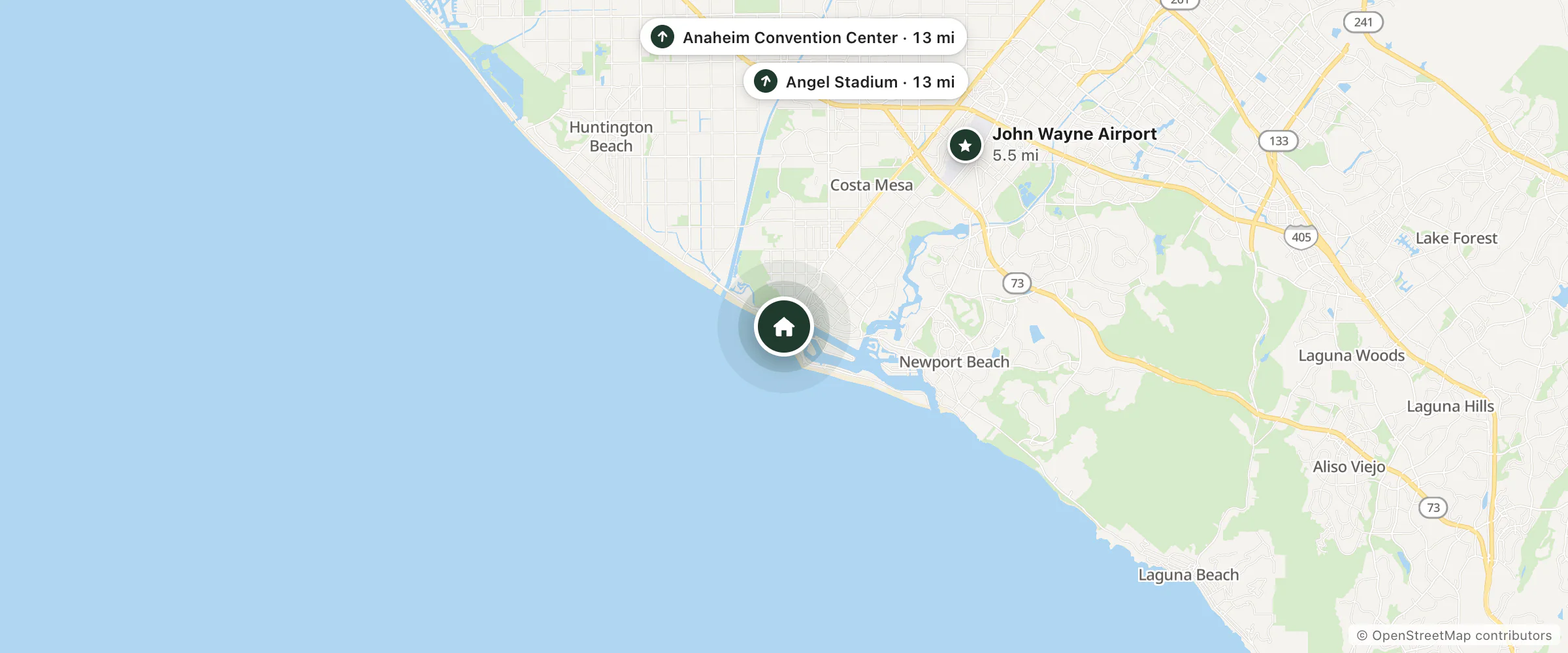 Map of The Beach Boathouse and nearby John Wayne Airport, Anaheim Convention Center and Angel Stadium