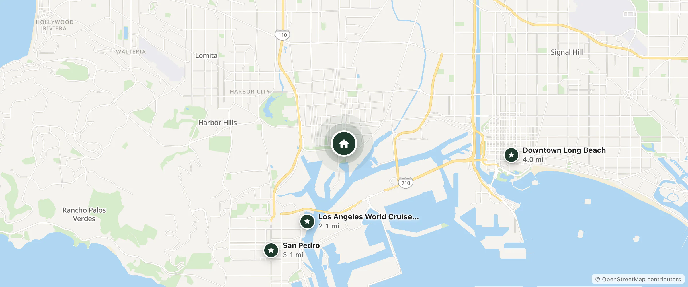 Map of Del Mar Hotel and nearby Los Angeles World Cruise Center, San Pedro and Downtown Long Beach