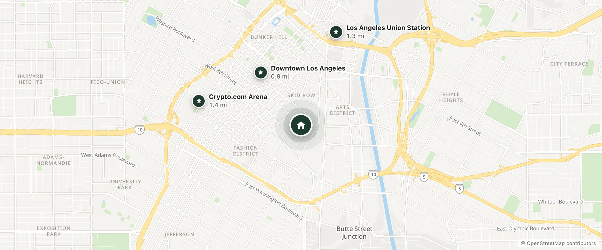 Map of Ford Hotel and nearby Downtown Los Angeles, Los Angeles Union Station and Crypto.com Arena