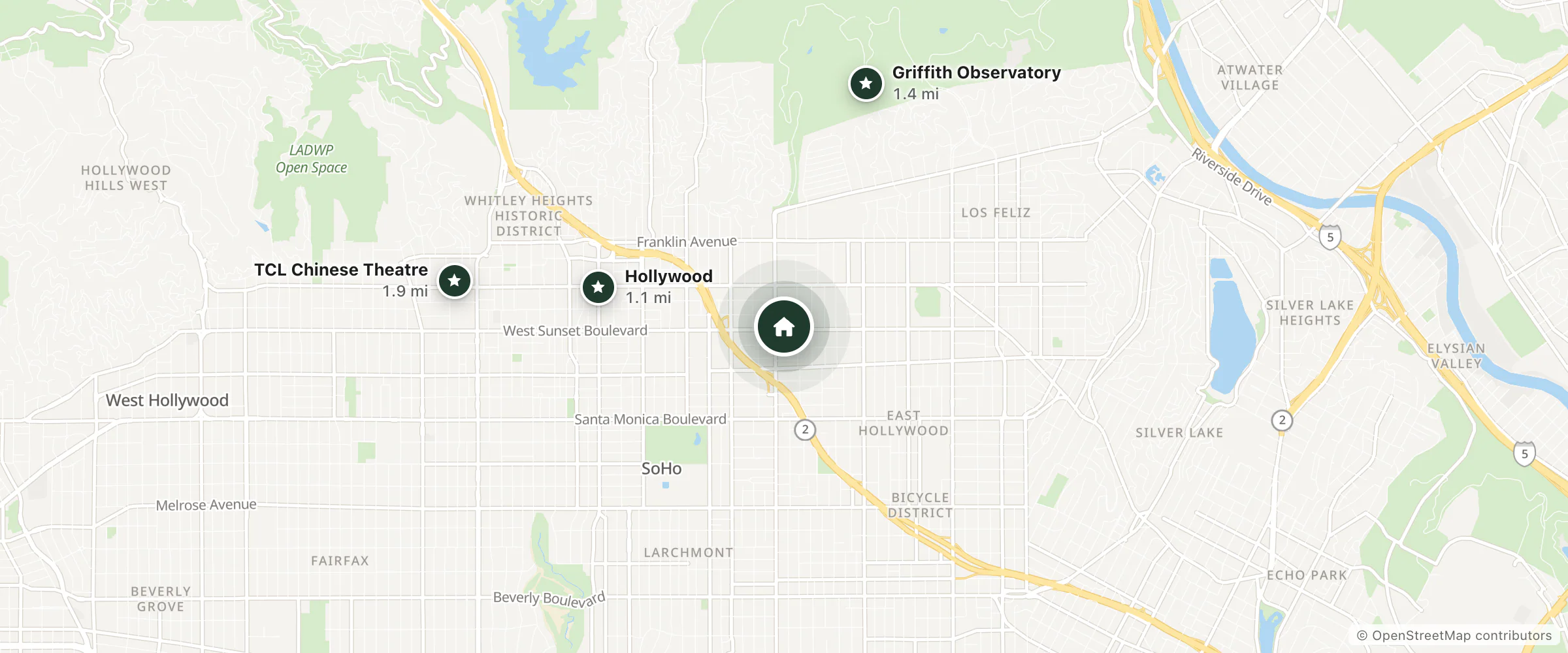Map of Hollywood Stars Inn and nearby Hollywood, Griffith Observatory and TCL Chinese Theatre