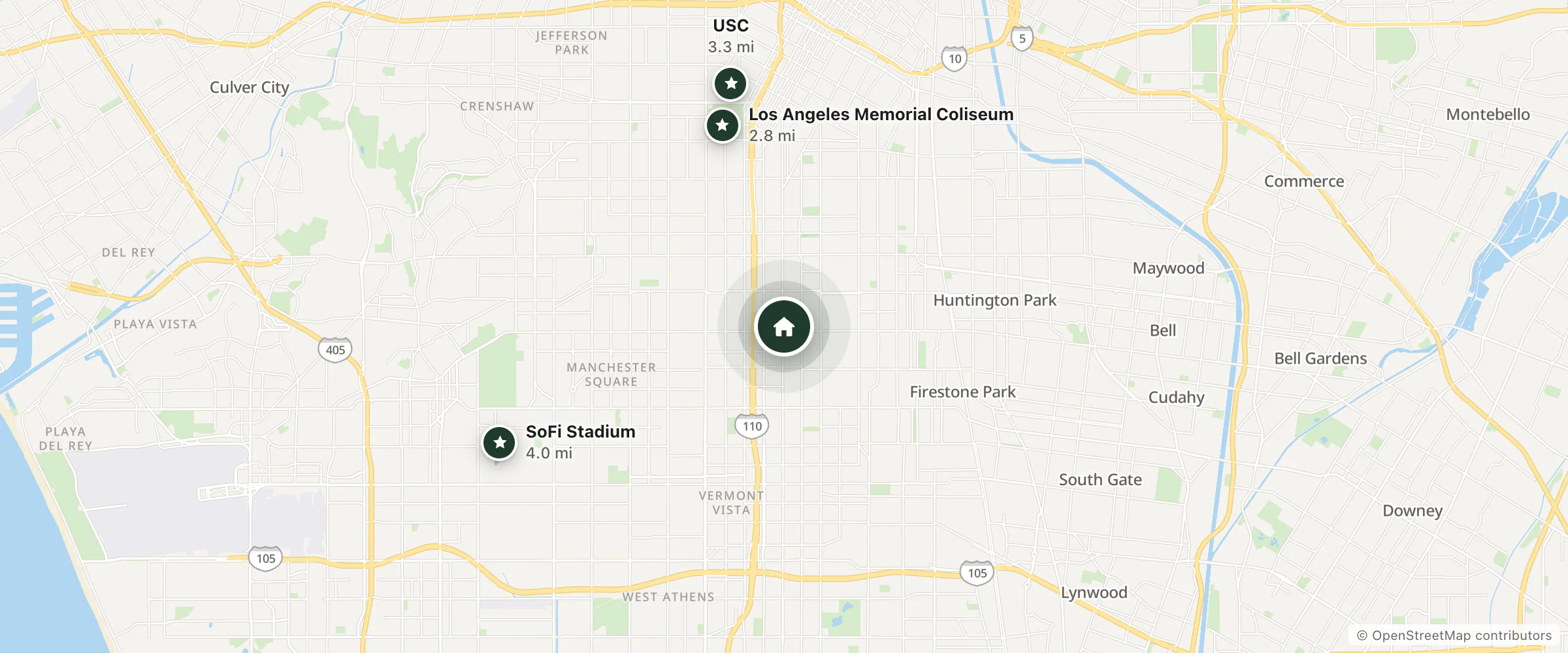 Map of Main Motel and nearby Los Angeles Memorial Coliseum, USC and SoFi Stadium