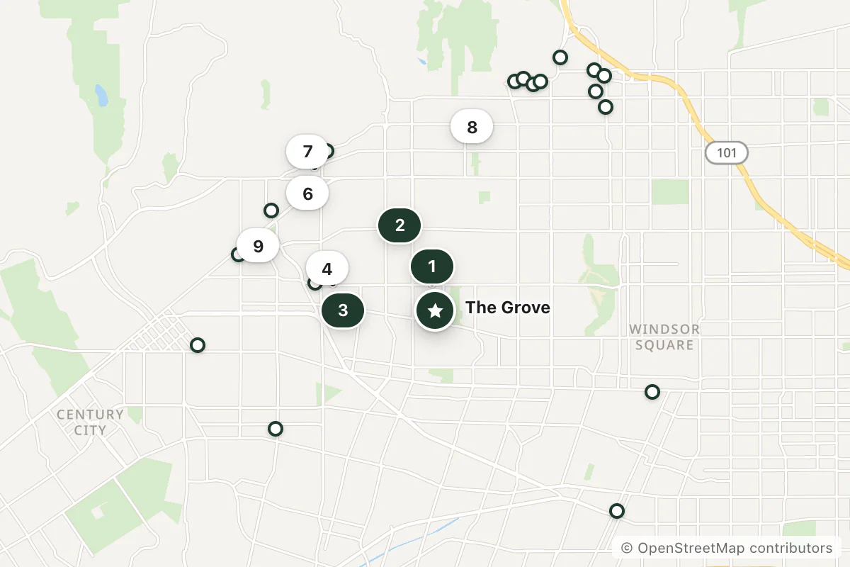 Map of the top 25 hotels for this question around The Grove