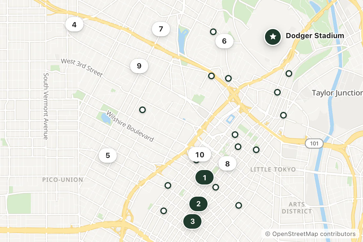 Map of the top 25 hotels for this question around Dodger Stadium