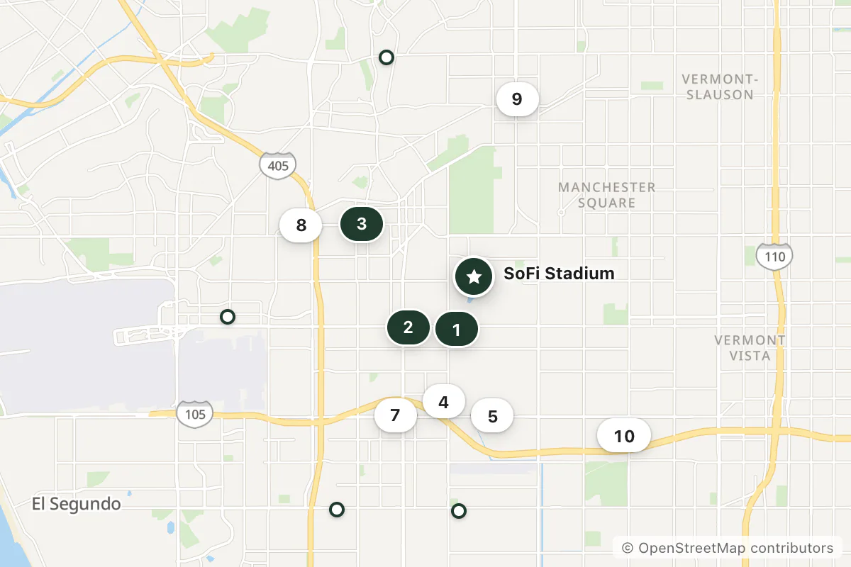Map of the top 14 hotels for this question around SoFi Stadium