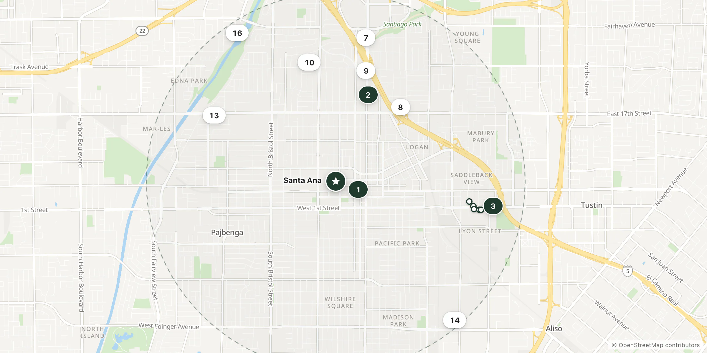 Map of hotels near Santa Ana