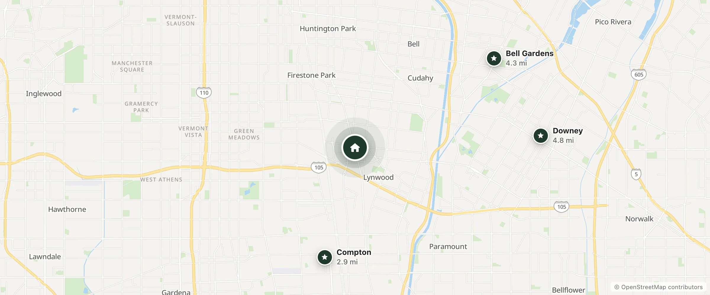 Map of Red Sails Inn Motel and nearby Compton, Bell Gardens and Downey