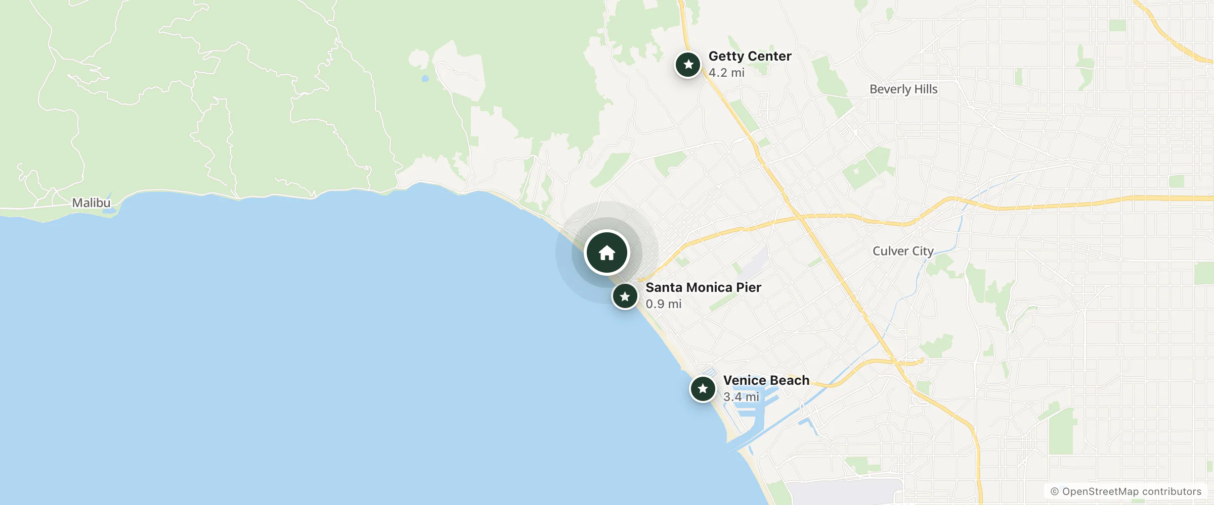 Map of Sovereign Hotel and nearby Santa Monica Pier, Venice Beach and Getty Center