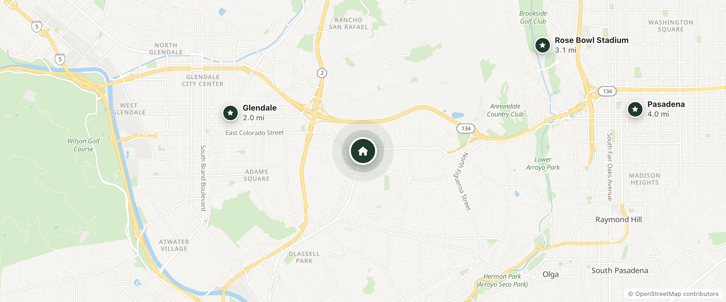 Map of Ramada Inn Pasadena and nearby Glendale, Rose Bowl Stadium and Pasadena