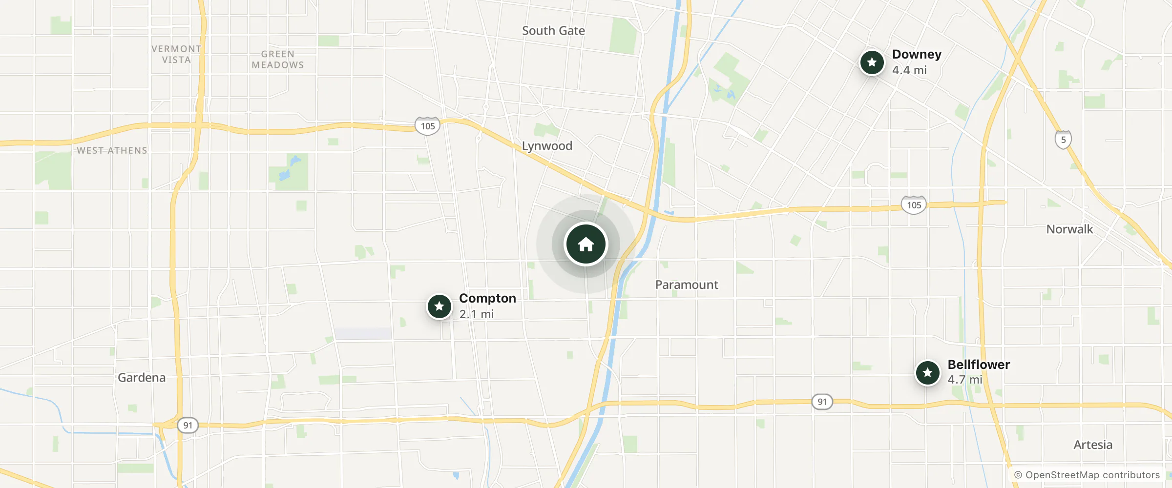 Map of Mi Casa Motel and nearby Compton, Downey and Bellflower