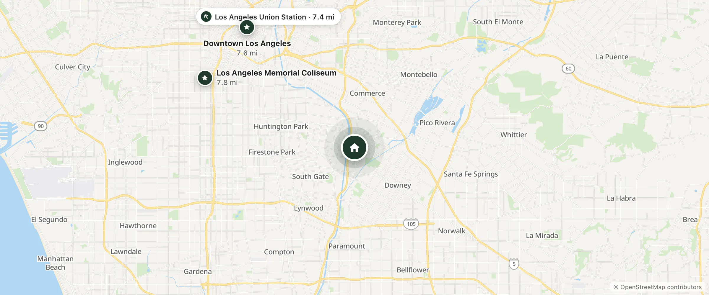 Map of Quality Inn and Suites Bell Gardens Los Angeles and nearby Los Angeles Union Station, Downtown Los Angeles and Los Angeles Memorial Coliseum