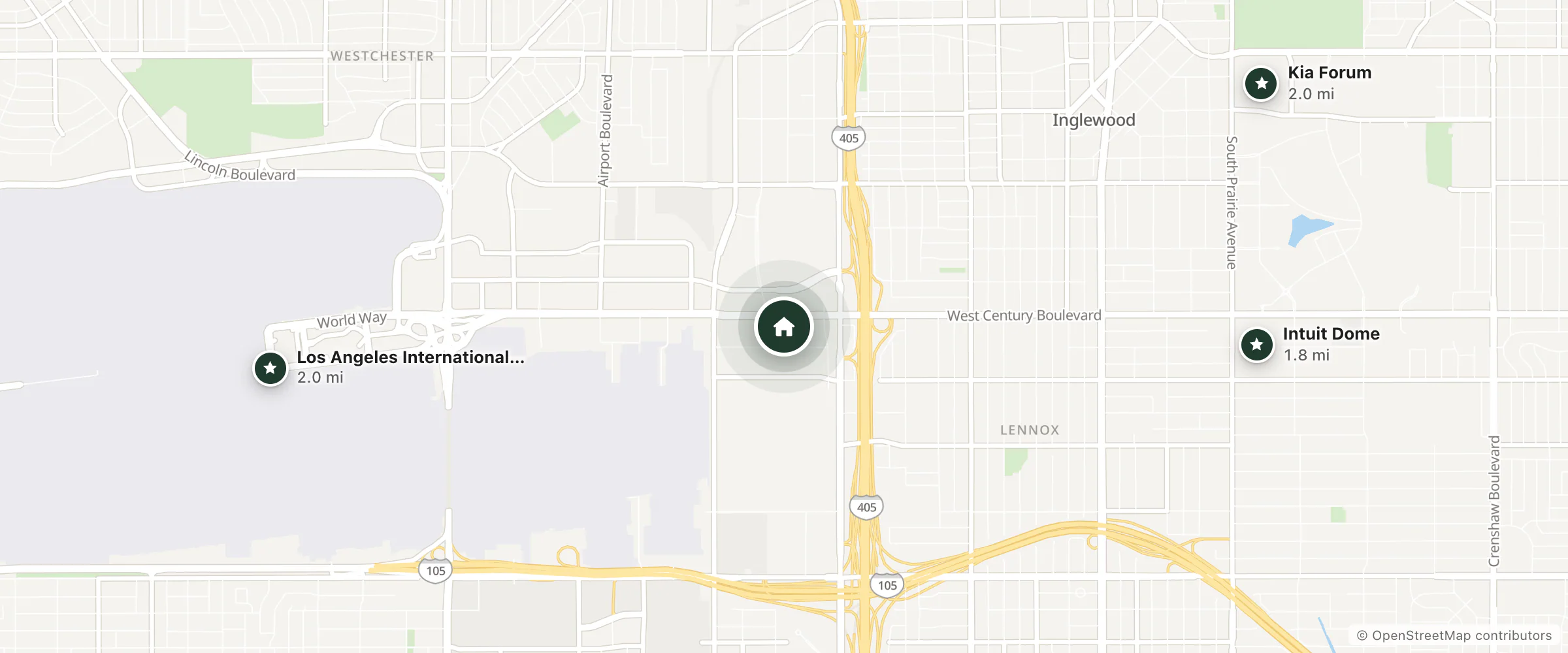 Map of The Westin Los Angeles Airport and nearby Intuit Dome, Los Angeles International Airport and Kia Forum