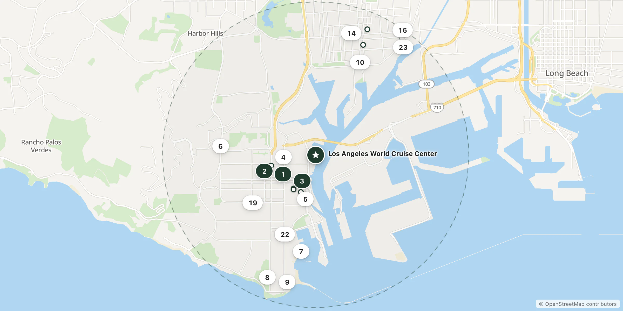 Map of hotels near Los Angeles World Cruise Center
