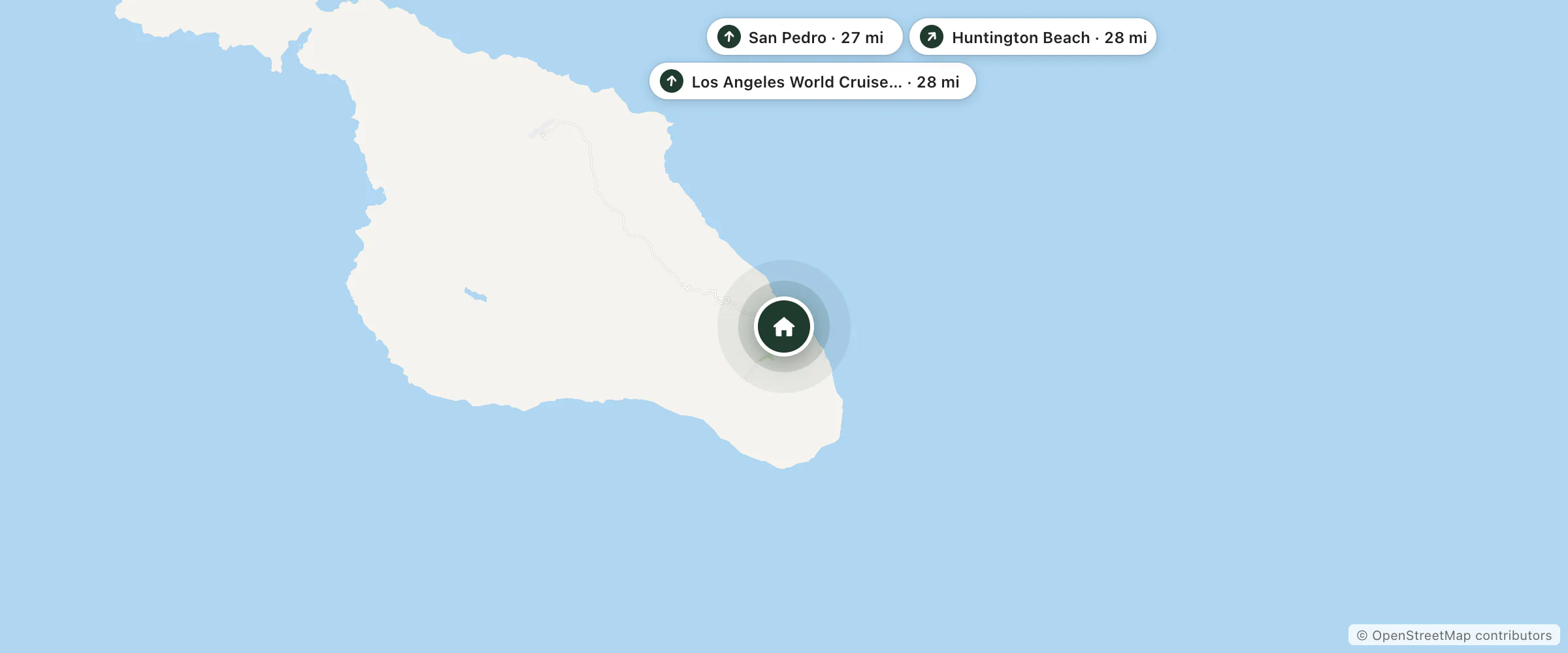 Map of Hotel Vista Del Mar and nearby San Pedro, Los Angeles World Cruise Center and Huntington Beach