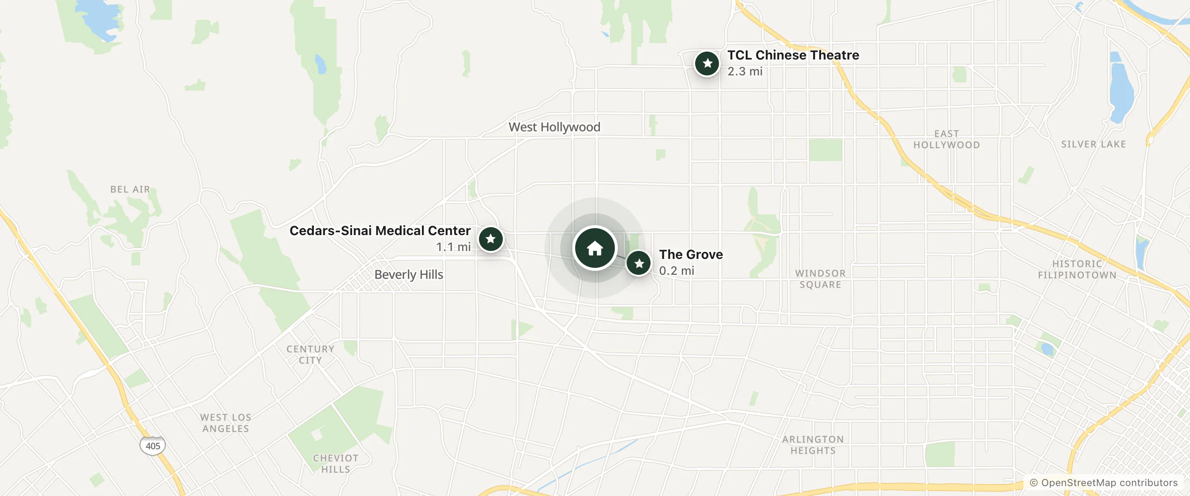 Map of Short Stories Hotel and nearby The Grove, Cedars-Sinai Medical Center and TCL Chinese Theatre