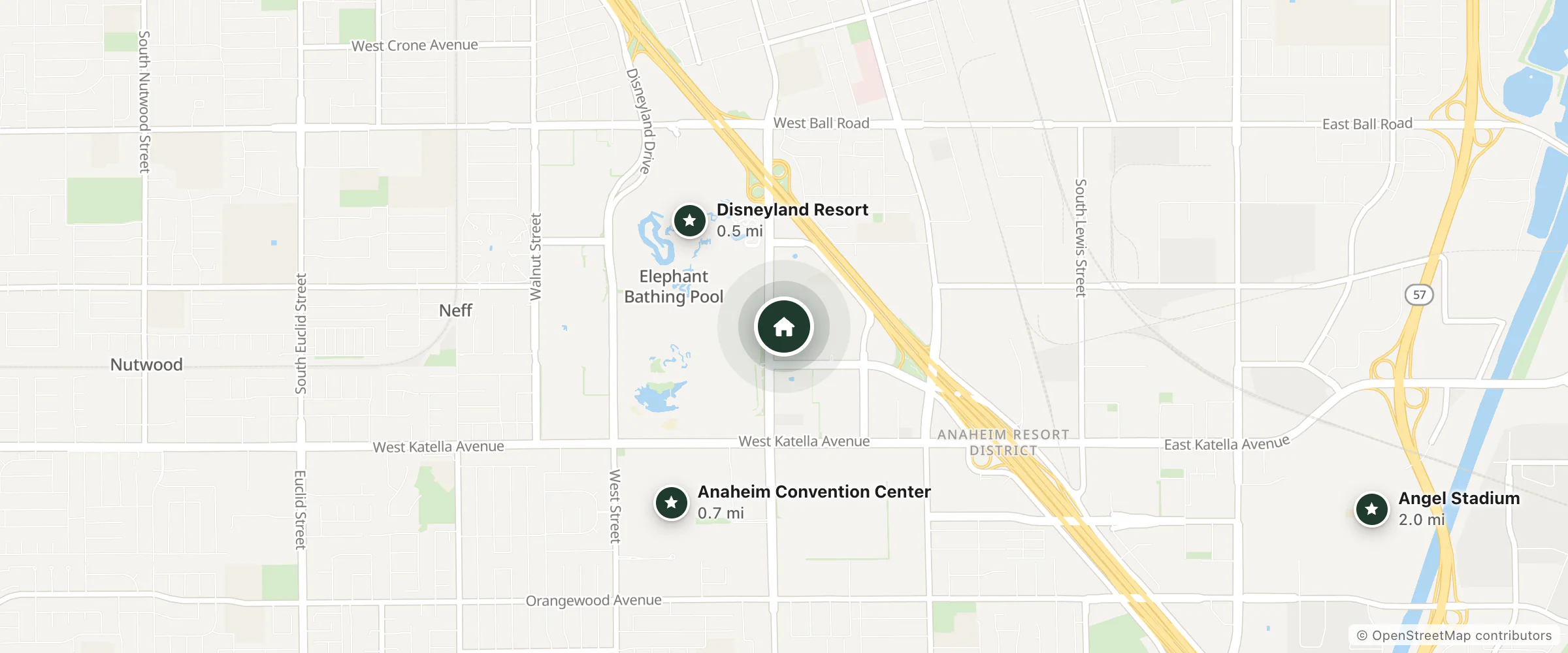Map of Anaheim Desert Inn and Suites and nearby Disneyland Resort, Anaheim Convention Center and Angel Stadium