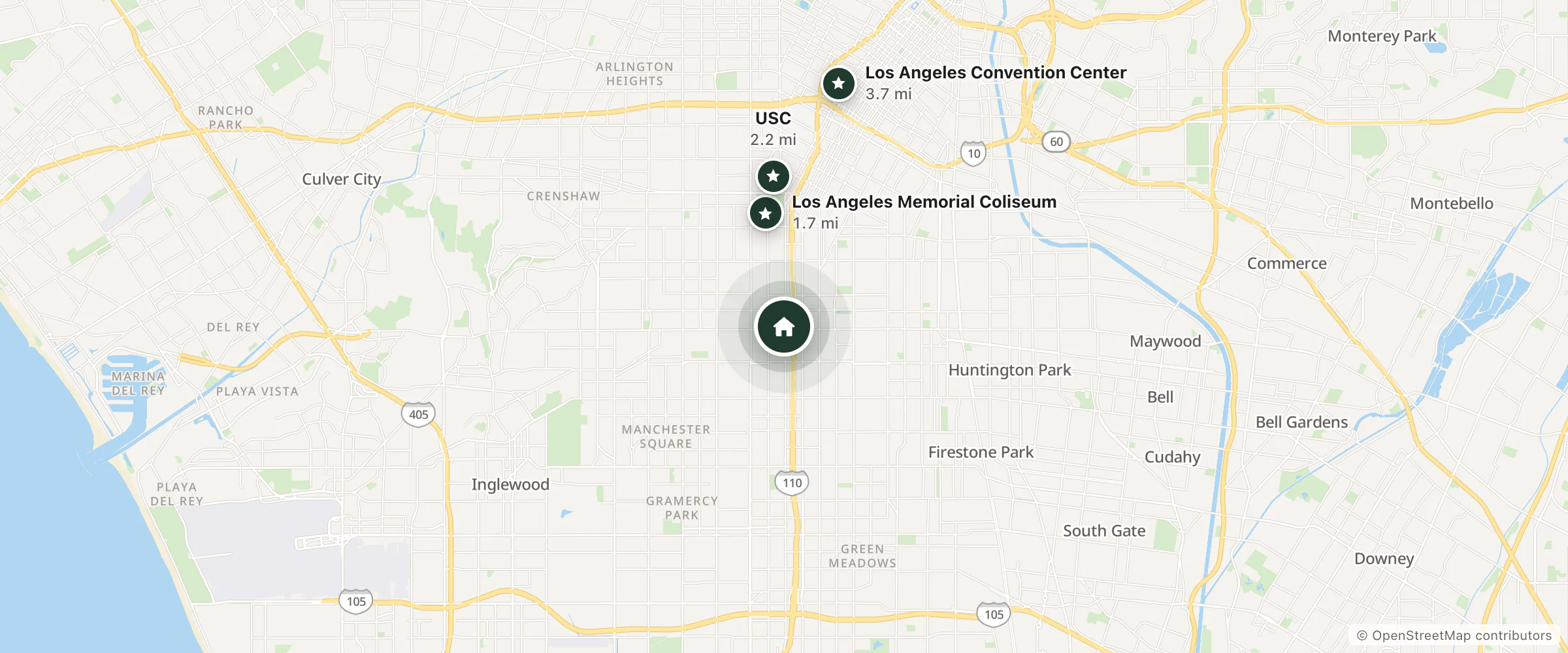Map of Furst Motel and nearby Los Angeles Memorial Coliseum, USC and Los Angeles Convention Center
