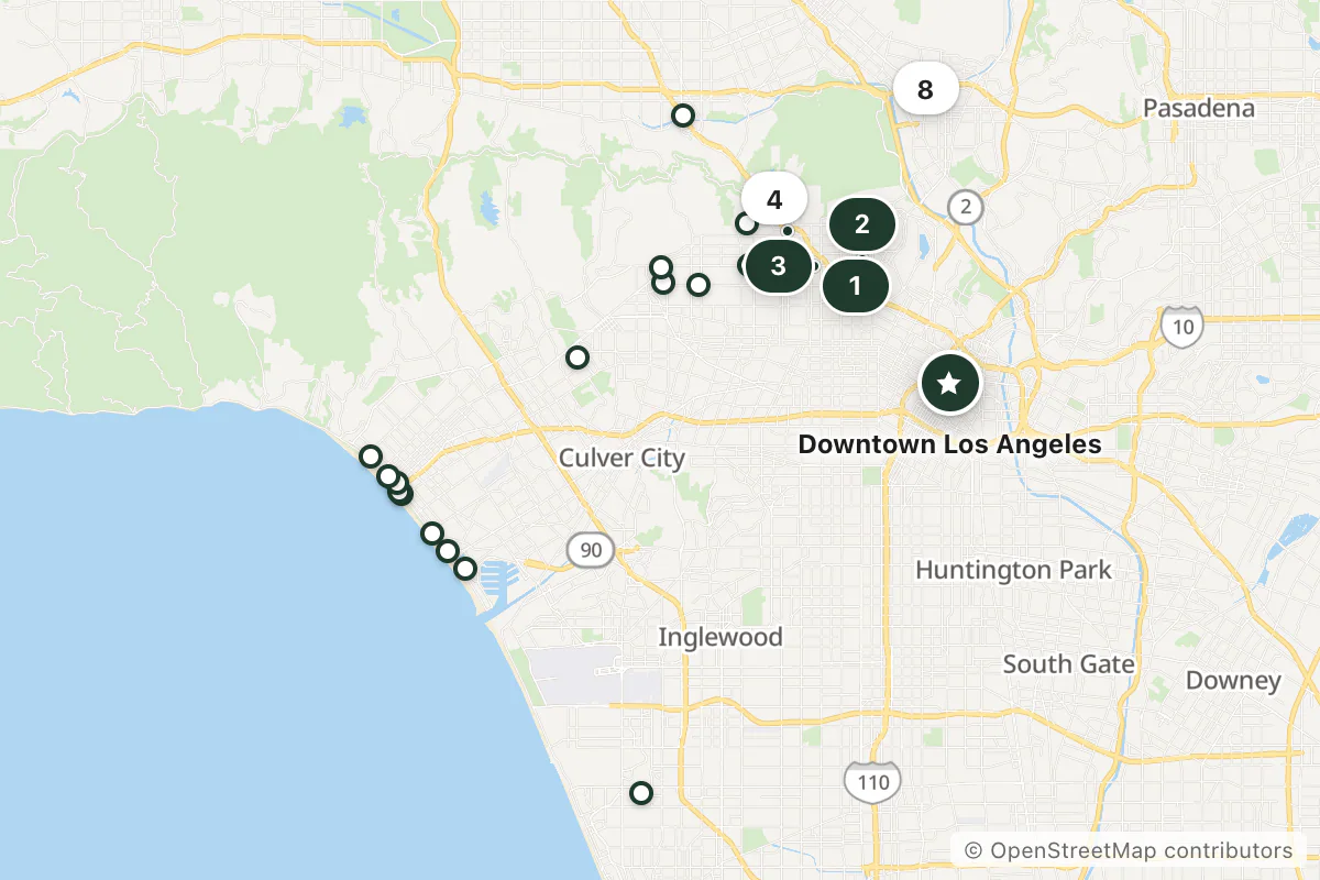 Map of the top 21 hotels for this question around Downtown Los Angeles