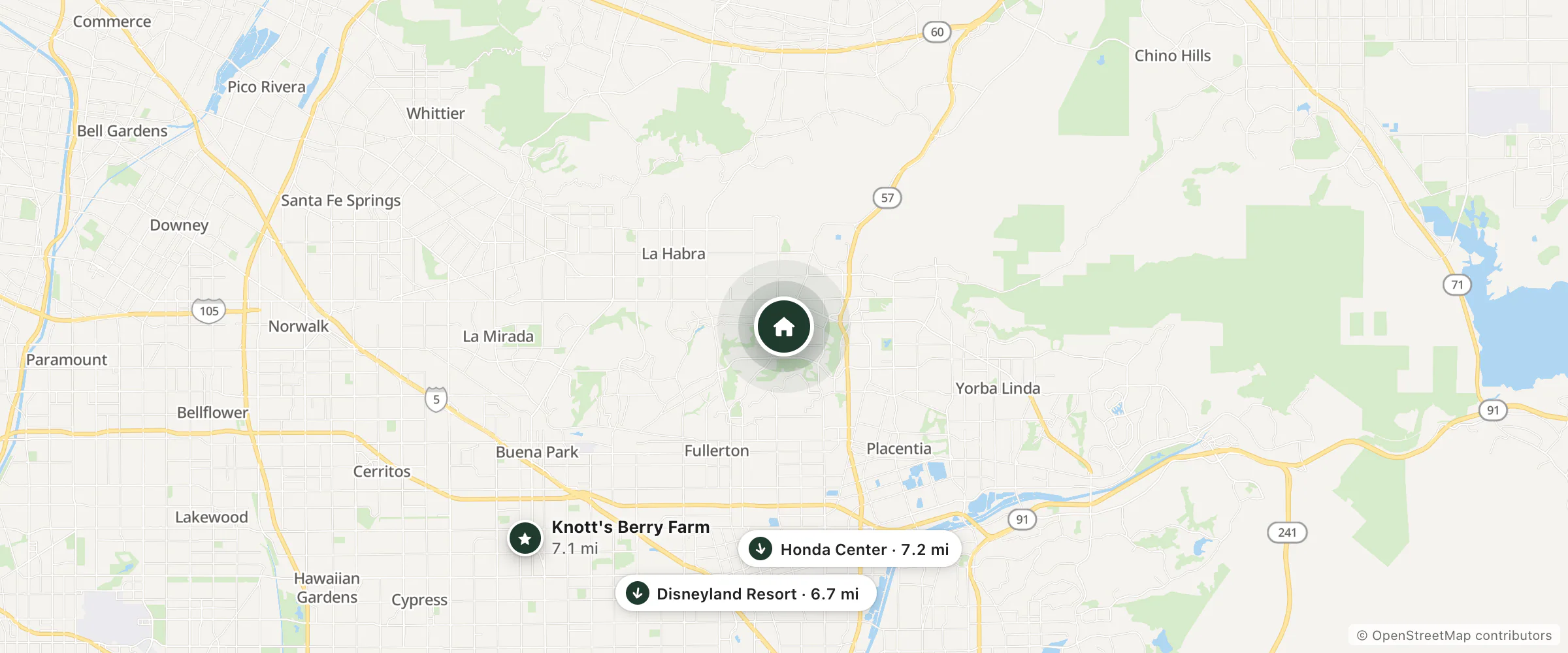 Map of Regency Motel and nearby Disneyland Resort, Knott's Berry Farm and Honda Center