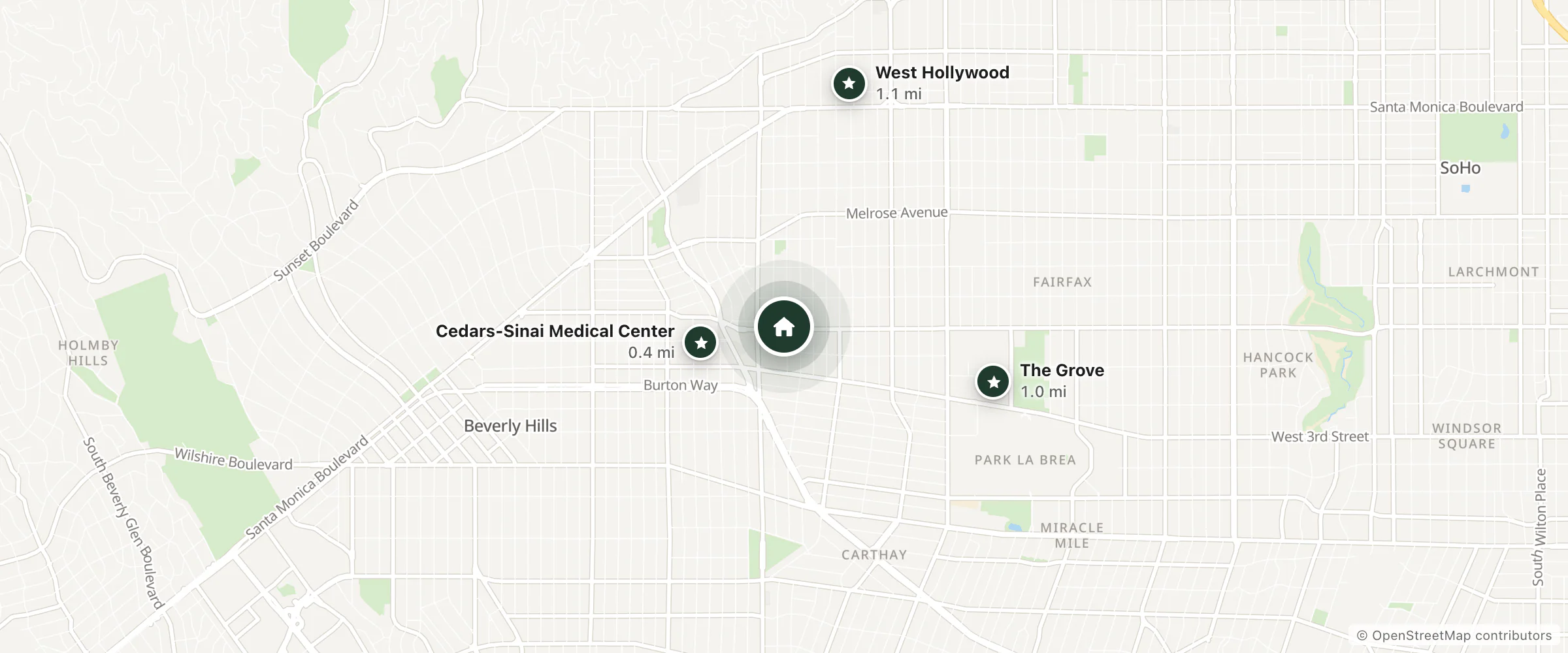Map of Elan Hotel and nearby Cedars-Sinai Medical Center, The Grove and West Hollywood