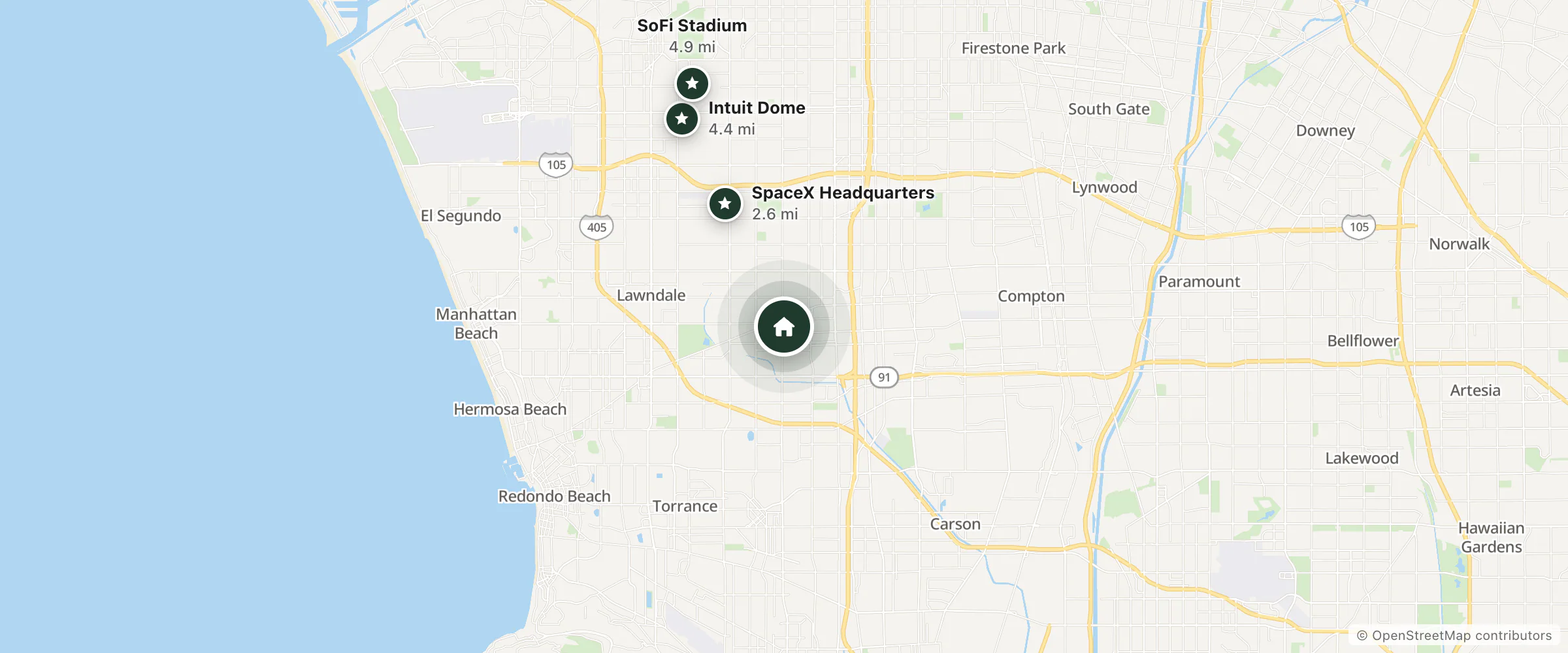 Map of Sunset Inn and nearby SpaceX Headquarters, Intuit Dome and SoFi Stadium