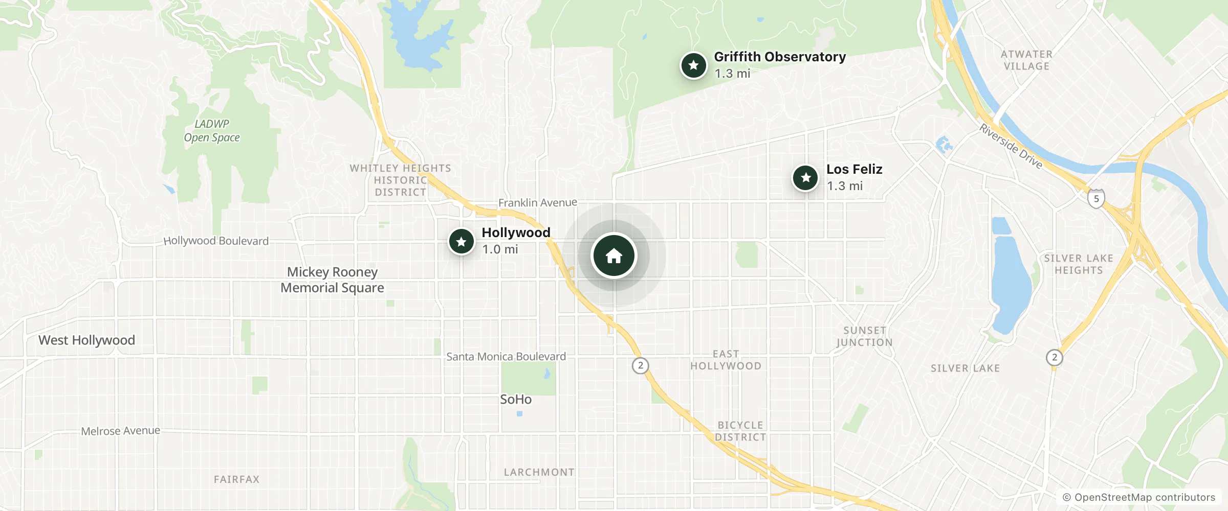 Map of Hollywood City Inn and nearby Hollywood, Griffith Observatory and Los Feliz