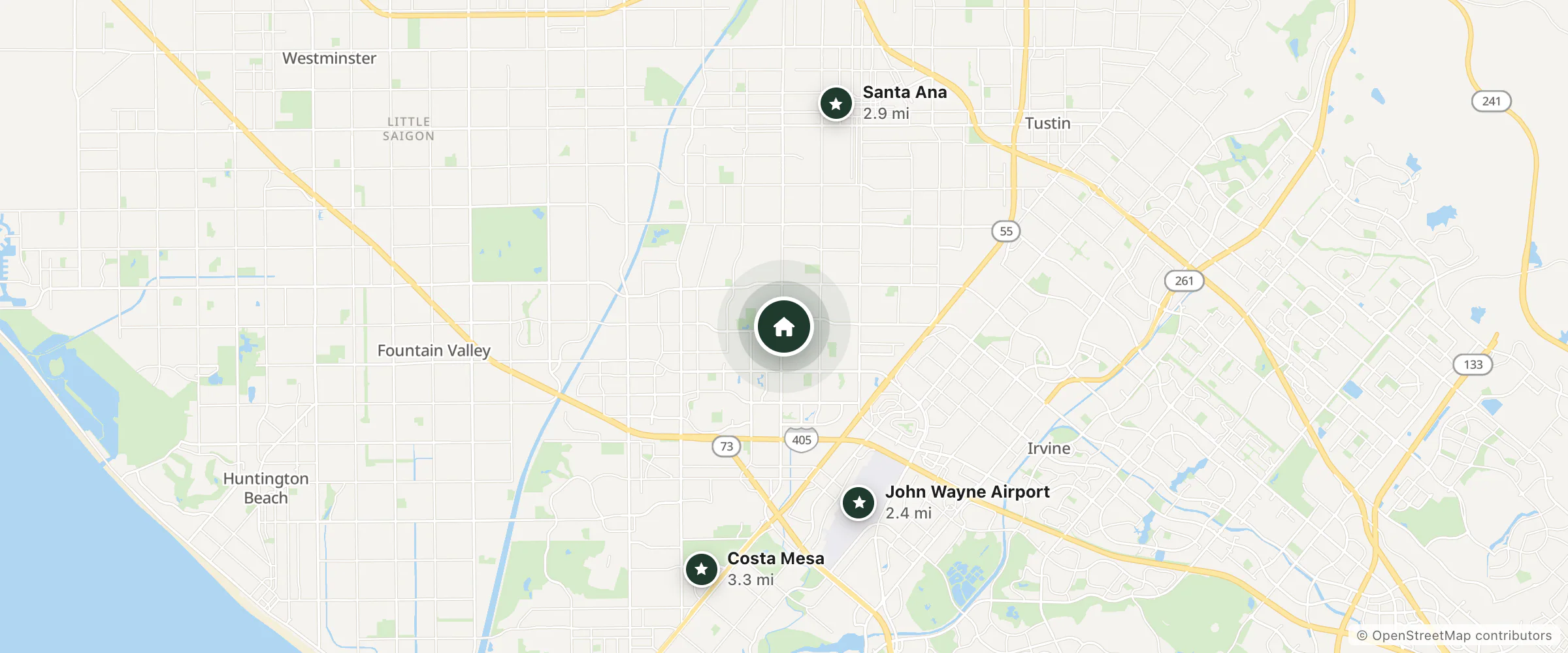 Map of California Lodge Suites and nearby John Wayne Airport, Santa Ana and Costa Mesa