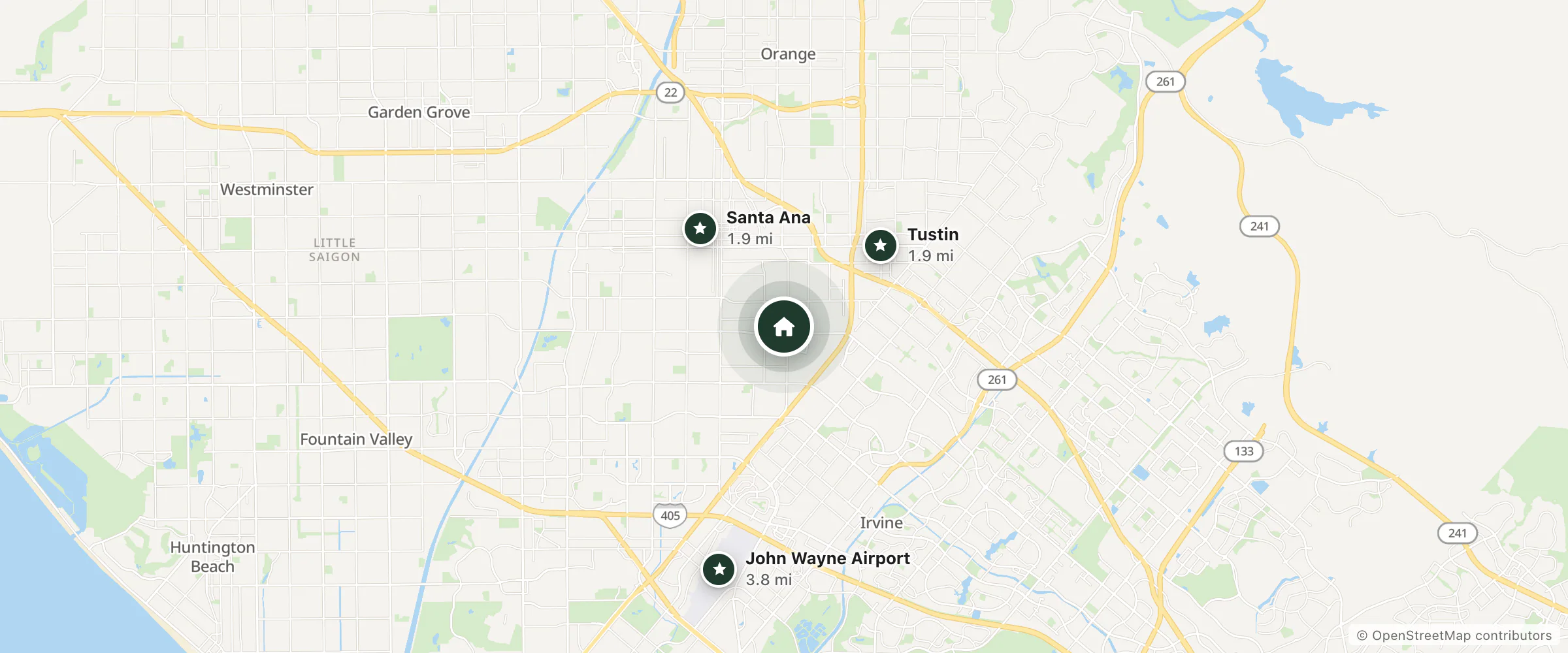 Map of World Bed and nearby Tustin, Santa Ana and John Wayne Airport